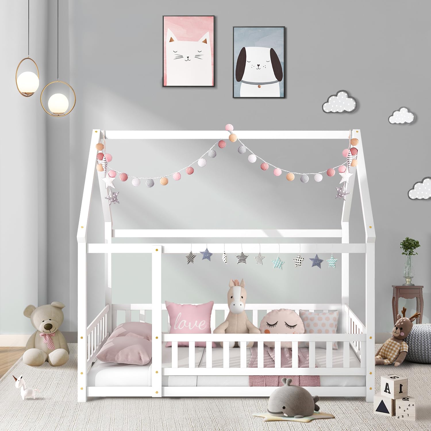 Montessori Twin Floor Bed Frame with Safety Fence - Solid Wood House Bed for Kids & Toddlers - White Nursery Furniture for Boys & Girls Bedroom - Perfect for Montessori Education & Safe Sleep Space
