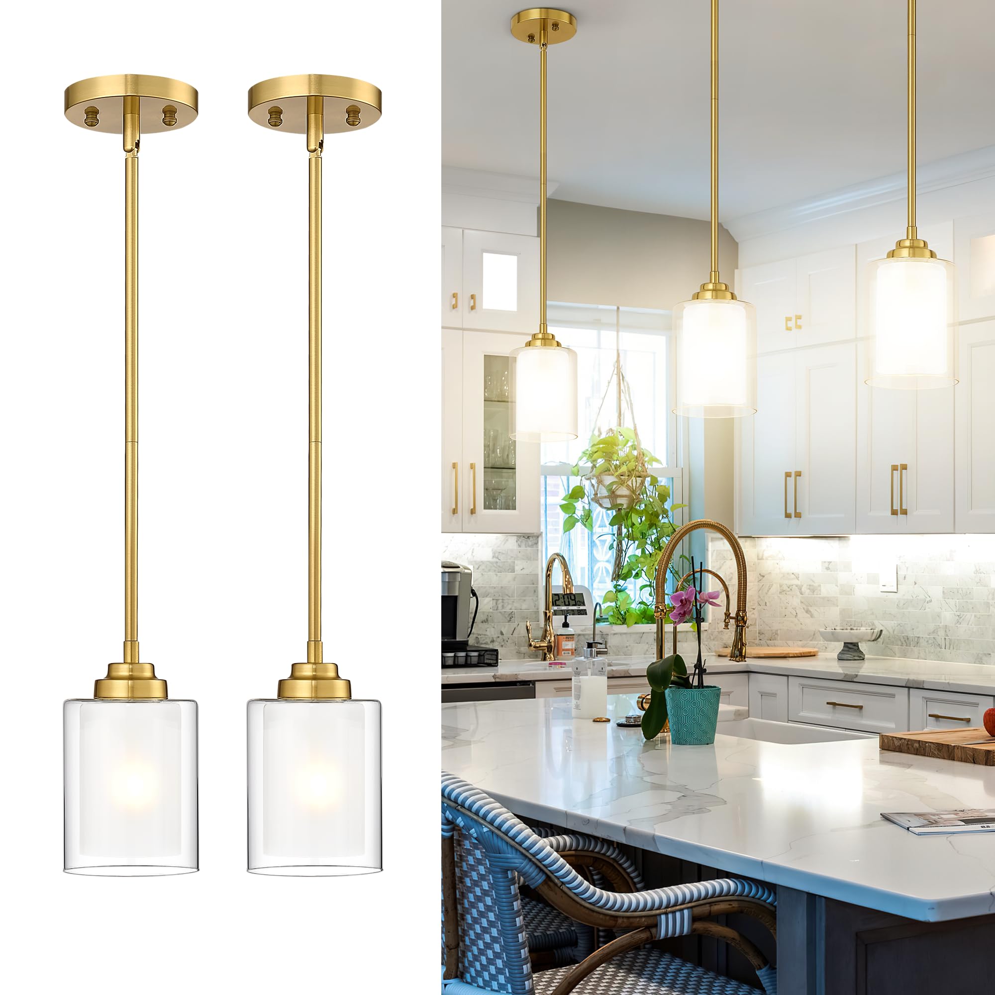 Modern Pendant Light 2-Pack - Brushed Gold Kitchen Island Lighting, Farmhouse Hanging Ceiling Fixture for Dining Room, Bedroom, Bar & Office (TXPLBG02-2PK) - Perfect for Modern Homes & Commercial Spaces