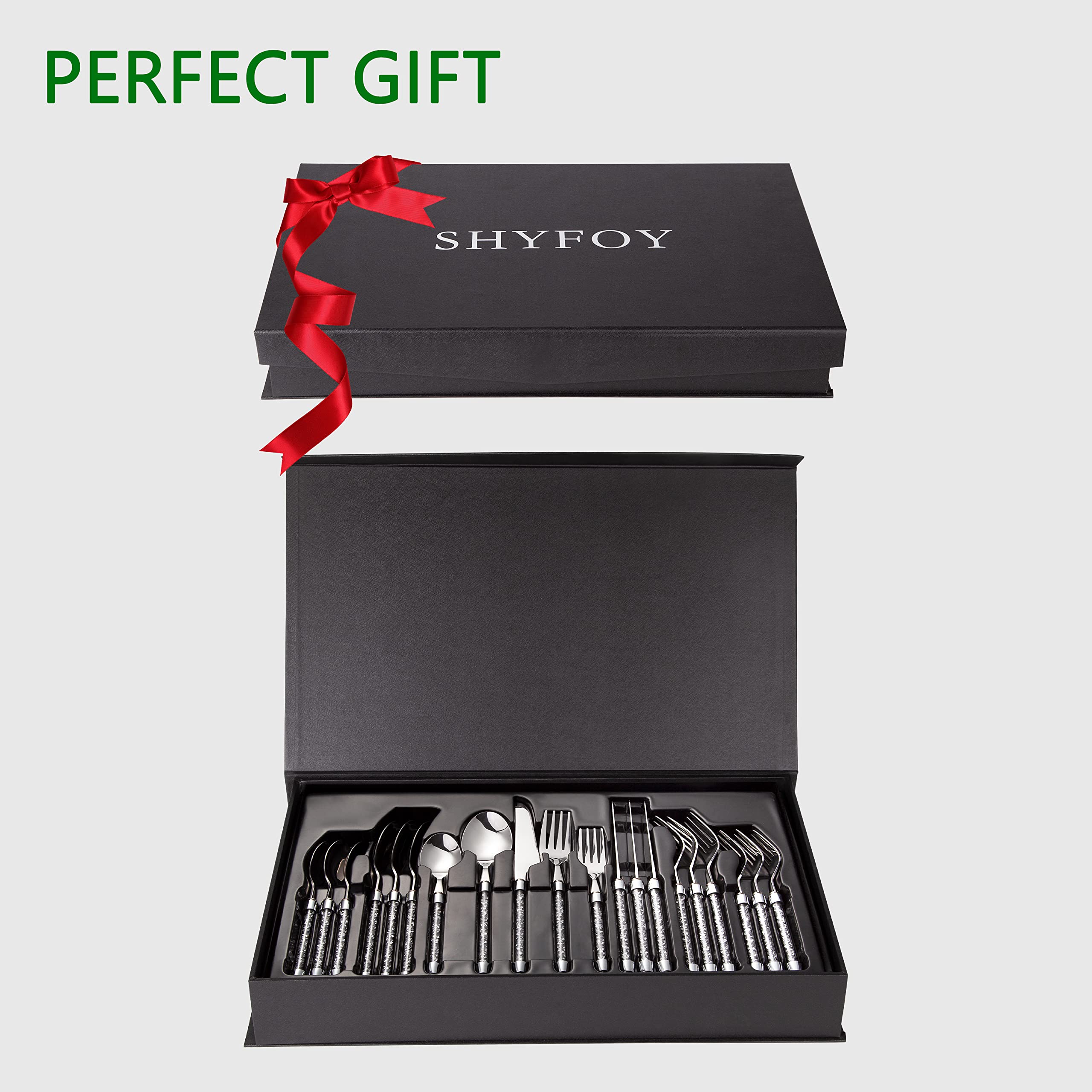 SHYFOY 20-Piece Bling Silverware Set - 18/8 Stainless Steel Flatware Cutlery with Crystal Glass Handles, Mirror Polished & Dishwasher Safe - Elegant Dinnerware for Home, Restaurant, Wedding & Party (Perfect for Formal Dining, Holiday Gatherings & Special Occasions)