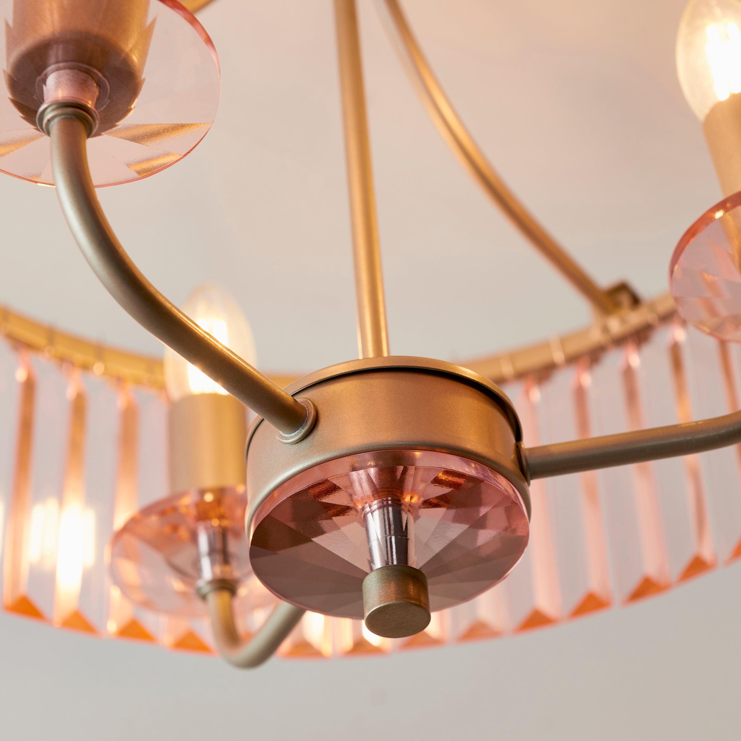 Ealing 3-Light Round Champagne & Pink Cut Glass Semi-Flush Ceiling Light - Perfect for Bedroom, Dining Room, or Entryway Lighting