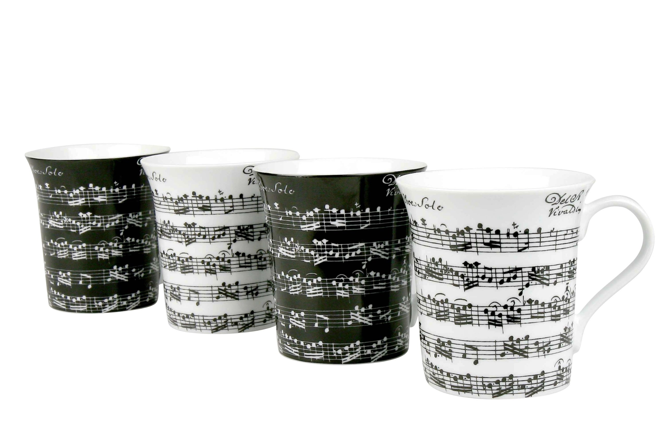 Konitz Vivaldi Libretto 12-Ounce Coffee Mugs Set of 4 - Black and White Ceramic Cups for Tea, Hot Chocolate & Office Use - Perfect for Home, Kitchen & Gift Giving
