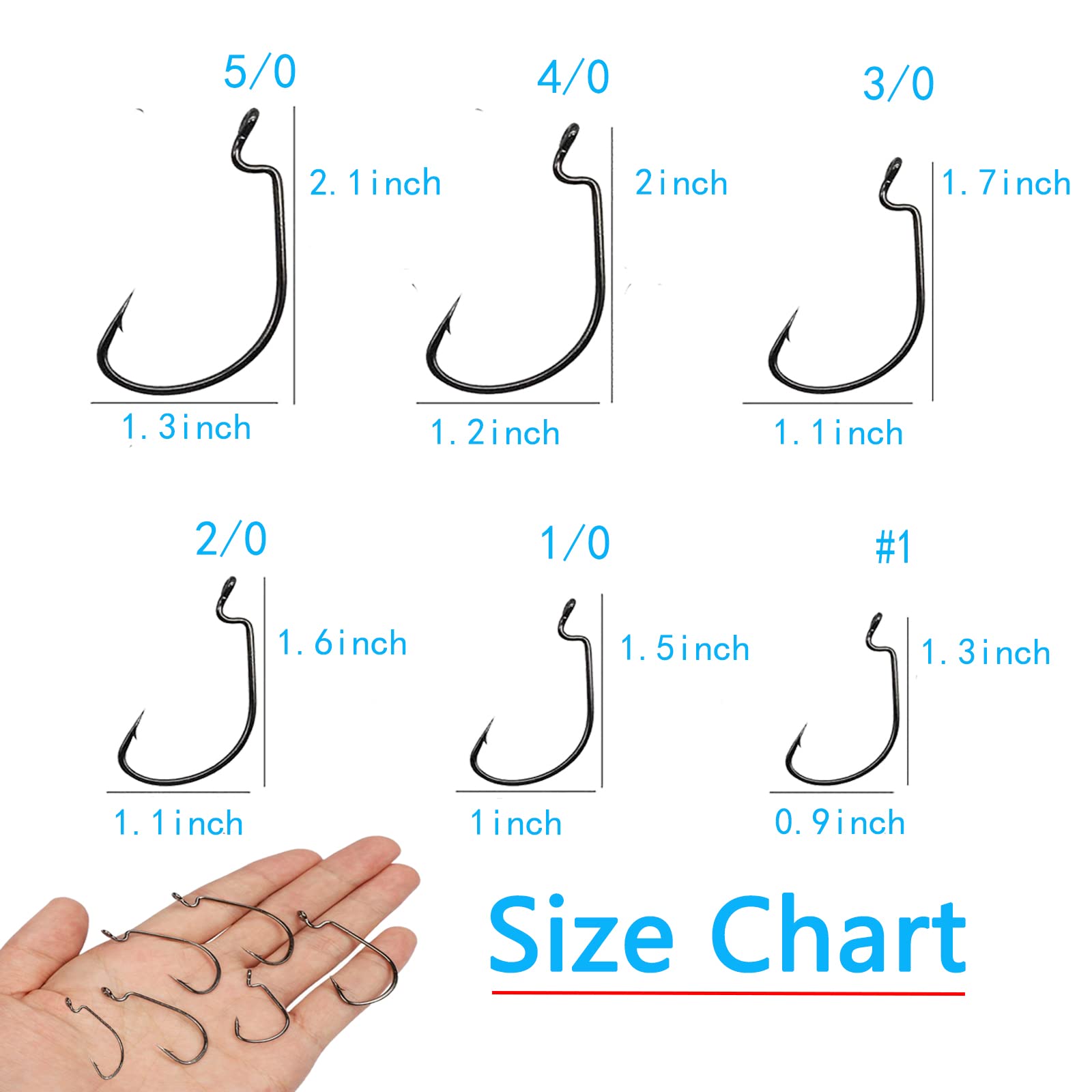 110pcs Bass Fishing Worm Hooks - 6 Sizes (#1, 1/0, 2/0, 3/0, 4/0, 5/0) High Carbon Steel Freshwater Hooks with Portable Plastic Box - Perfect for Largemouth Bass, Smallmouth Bass & Panfish Fishing in Lakes & Rivers