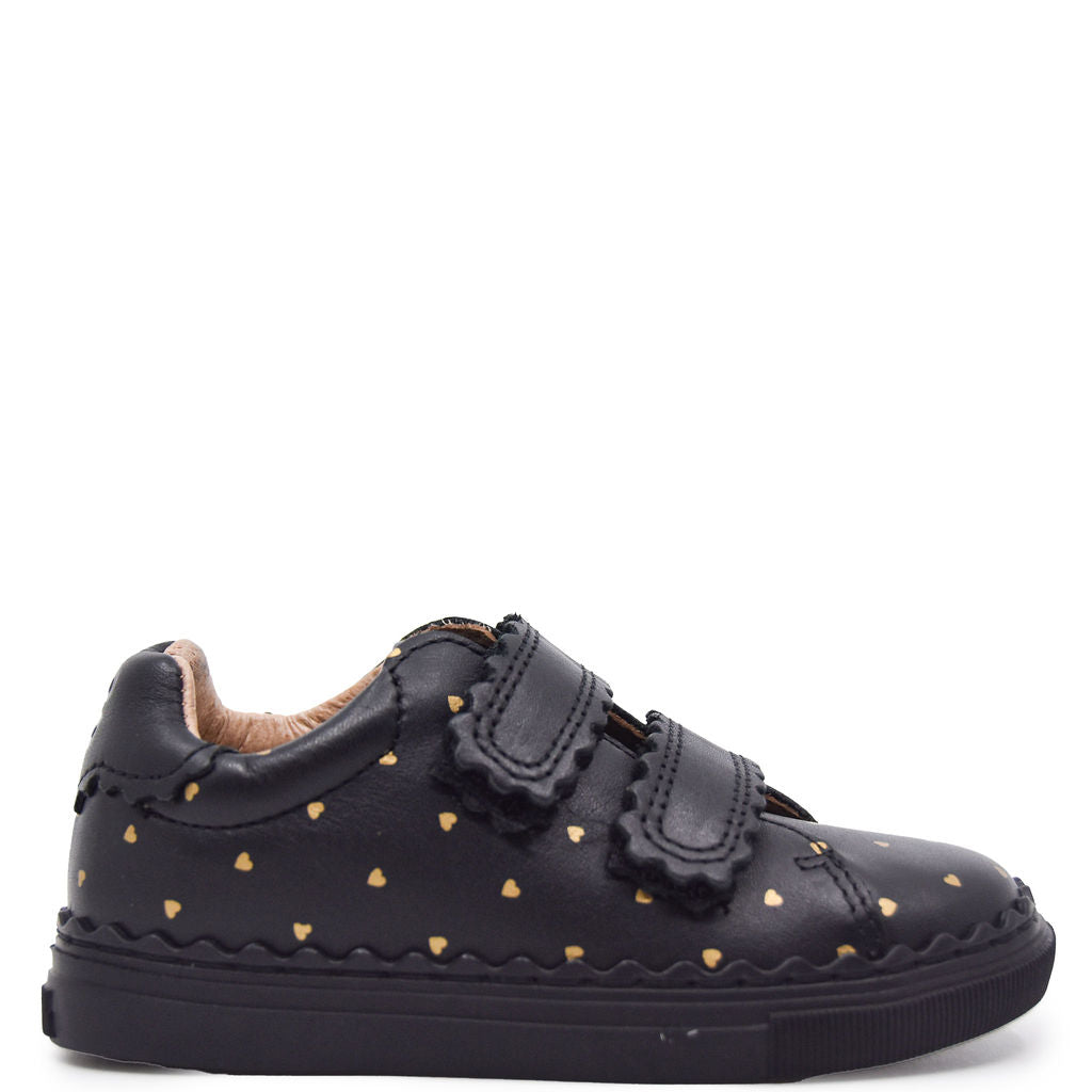 Black and Gold Heart Velcro Sneakers for Women - Comfortable Casual Walking Shoes - Perfect for School, Work, and Everyday Wear