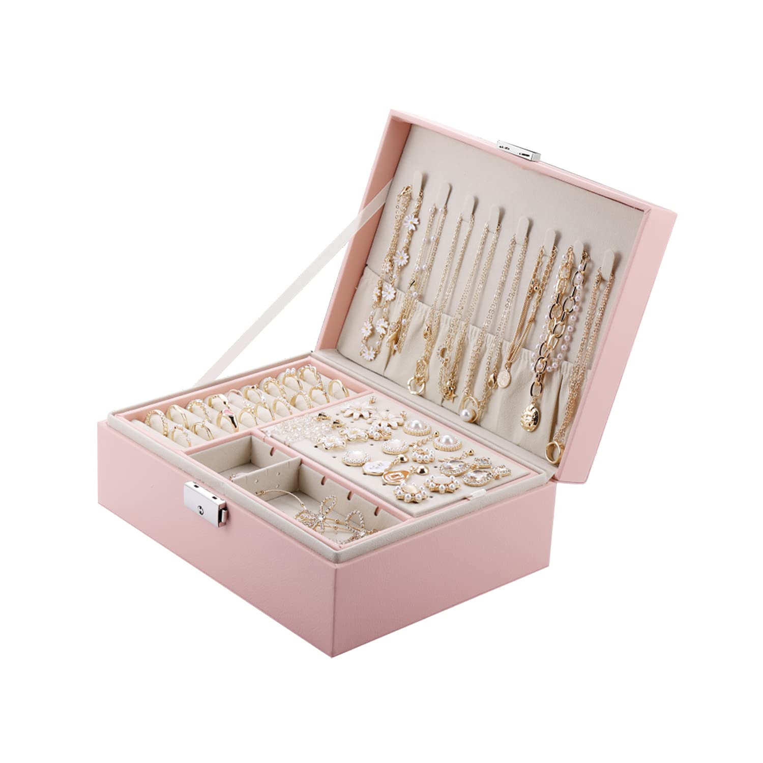 Double-Layer High Capacity Leather Jewelry Box - Travel Jewelry Organizer for Necklace, Earrings & Rings - Pink Jewelry Storage Case | Perfect for Travel, Home & Gift Giving