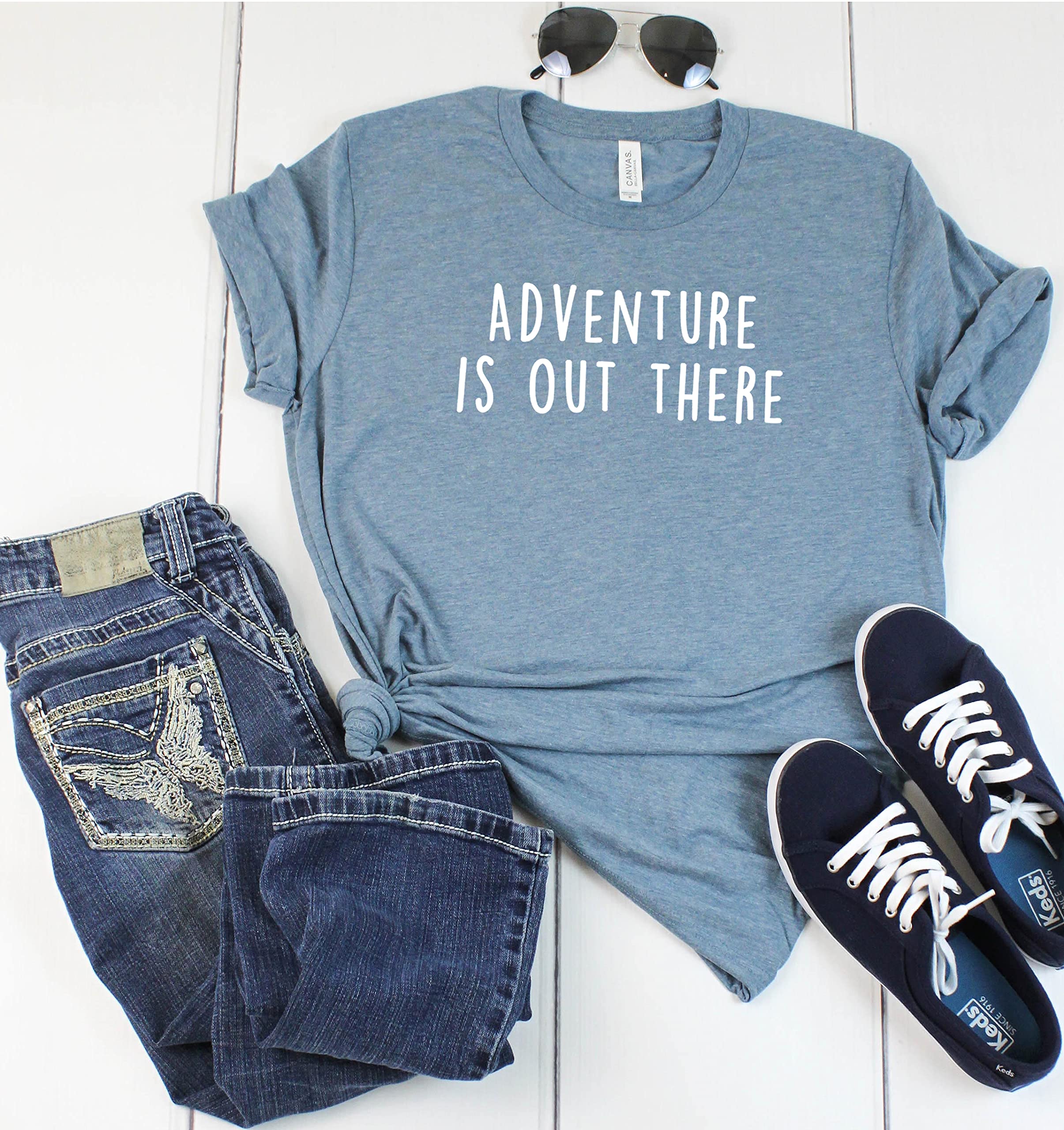 Adventure Is Out There T-Shirt for Women - Explore Travel Hiking Graphic Tee - Casual Short Sleeve Top for Outdoor Activities, Camping & Road Trips