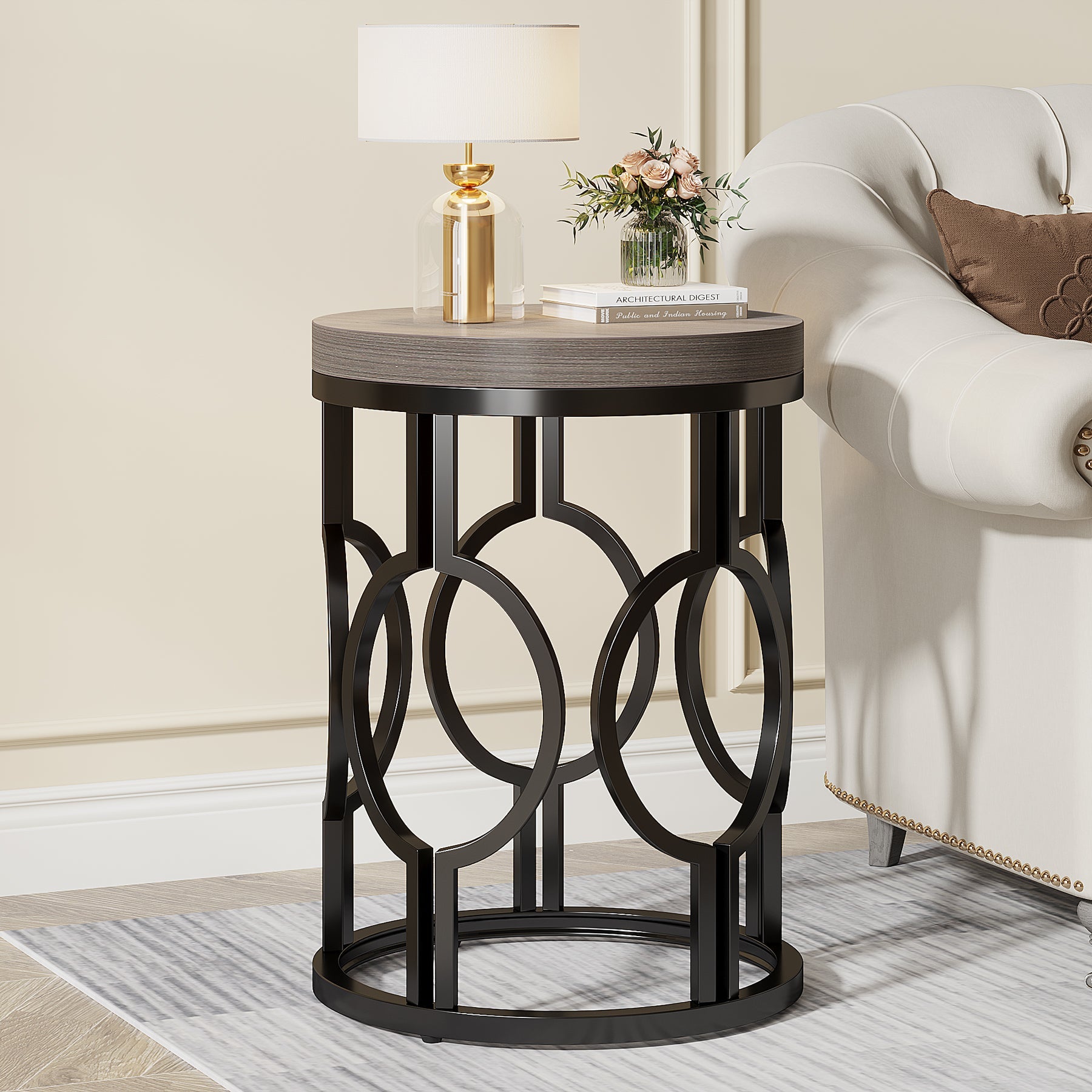 Industrial Round End Table with Metal Hollow Frame - Sturdy Side Table for Living Room, Bedroom, or Office Decor