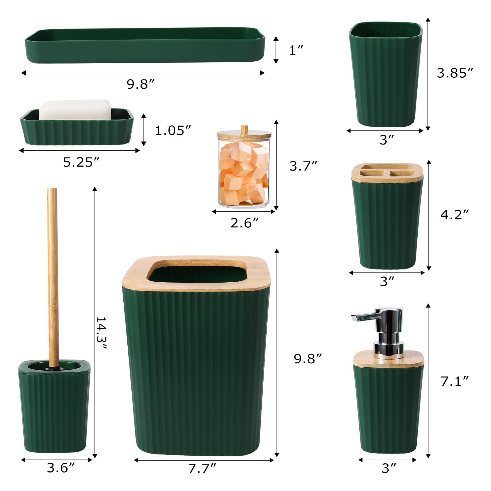 9-Piece Beige Bathroom Accessories Set - Includes Trash Can, Vanity Tray, Soap Dispenser, Soap Dish, Toothbrush Holder, Toothbrush Cup, Toilet Brush & Qtip Holders - Perfect for Home, Apartment, Hotel & Guest Bathroom Decor