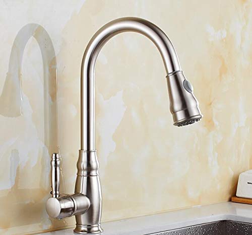 OMOONS Pull Out Kitchen Faucet with Rotating Spout - Deck Mount Single Handle Mixer Tap for Hot & Cold Water - Perfect for Washing Dishes, Filling Pots & Cleaning Sinks