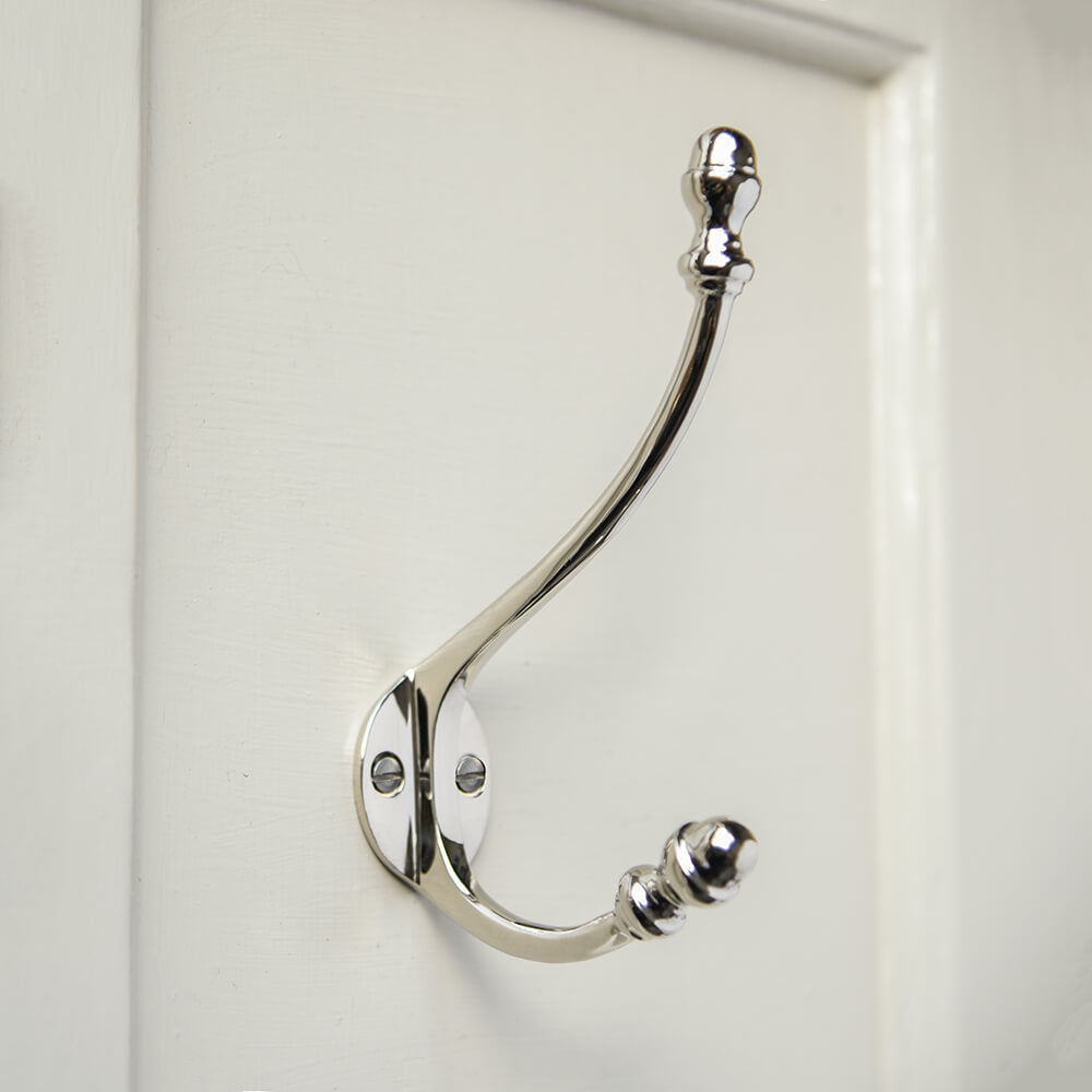 Polished Nickel Double Coat Hook - Heavy Duty Wall Mounted Hooks for Jackets, Hats & Bags - Perfect for Entryway, Mudroom & Bathroom Organization