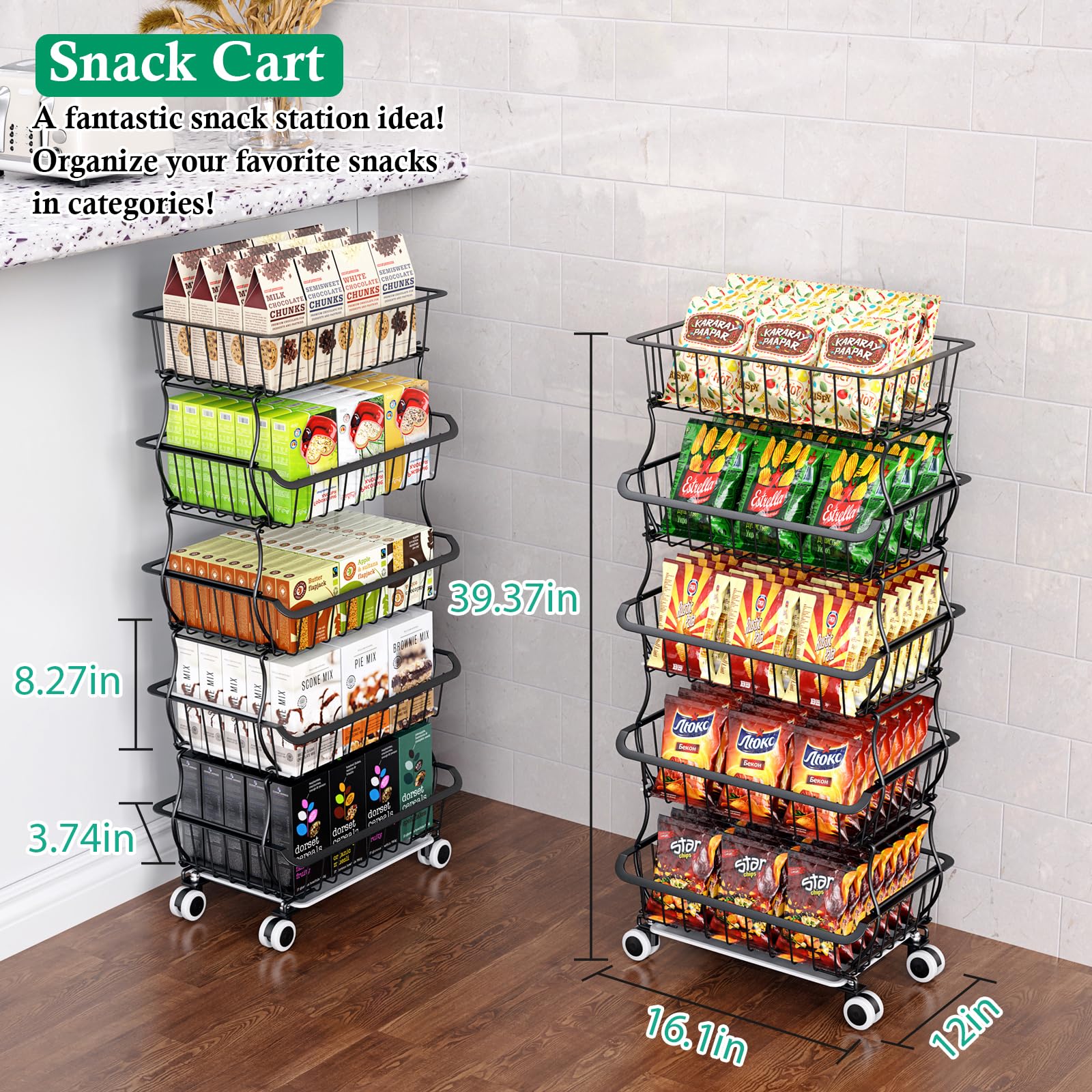 5-Tier Stackable Wire Fruit Basket with Wheels - Kitchen Pantry Organizer for Fruits, Vegetables, Onions & Potatoes - Space-Saving Food Storage Cart for Home, Restaurant or Grocery Store