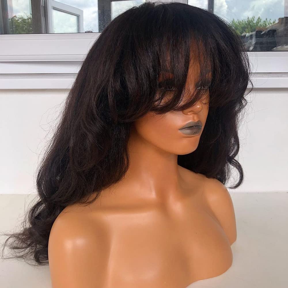 Brazilian Human Hair Wigs for Black Women - 22 Inch Kinky Yaki Wavy Bang Wig with 180% Density & O Scalp Top | Perfect for Protective Styling, Everyday Wear & Special Occasions