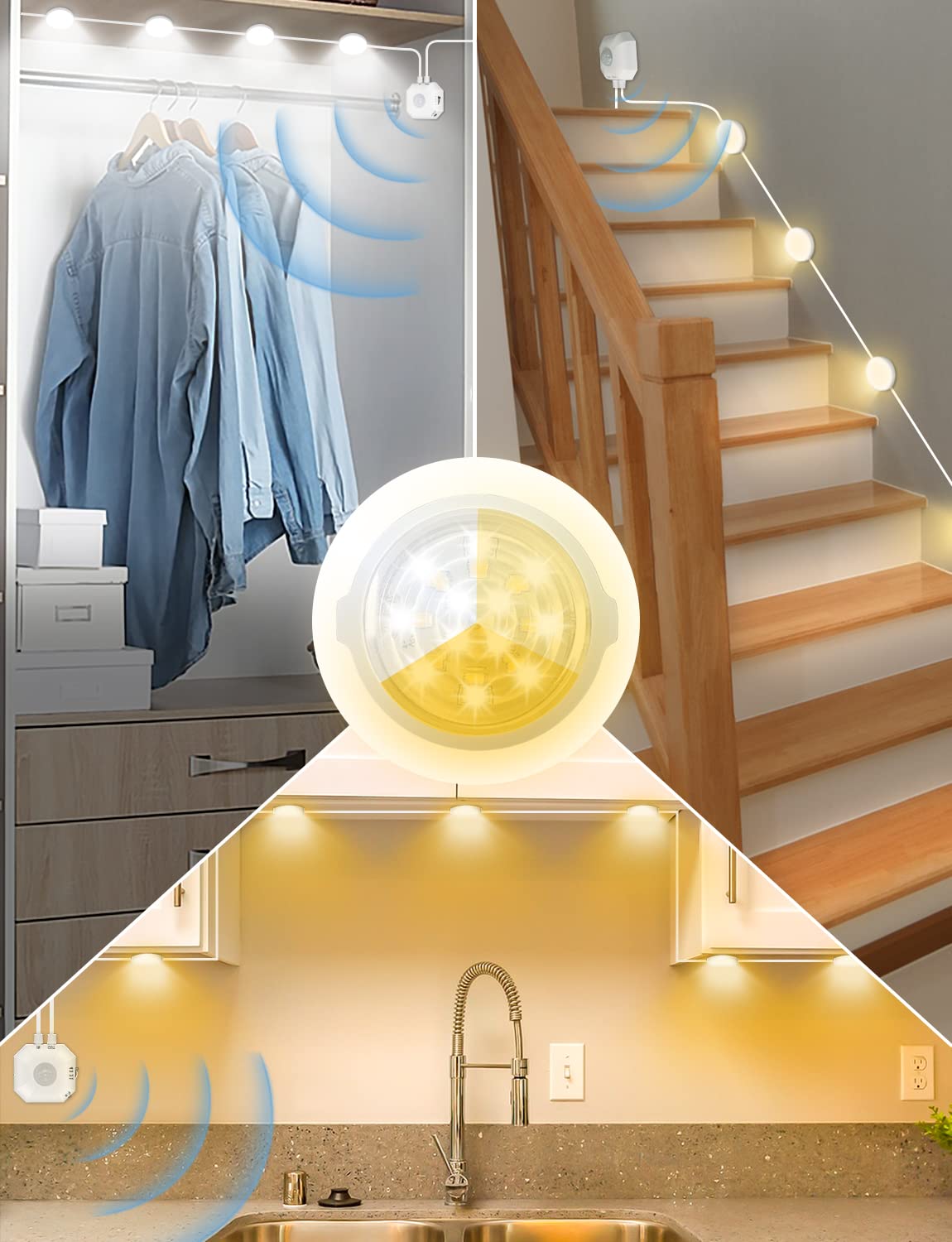Daymeet Dimmable LED Puck Lights Kit with Motion Sensor - USB Plug in Under Cabinet Lighting for Kitchen, Wardrobe, Hallway & Bedroom | Energy Saving Closet Lights, Night Lights & Counter Lights for Home & Office Use