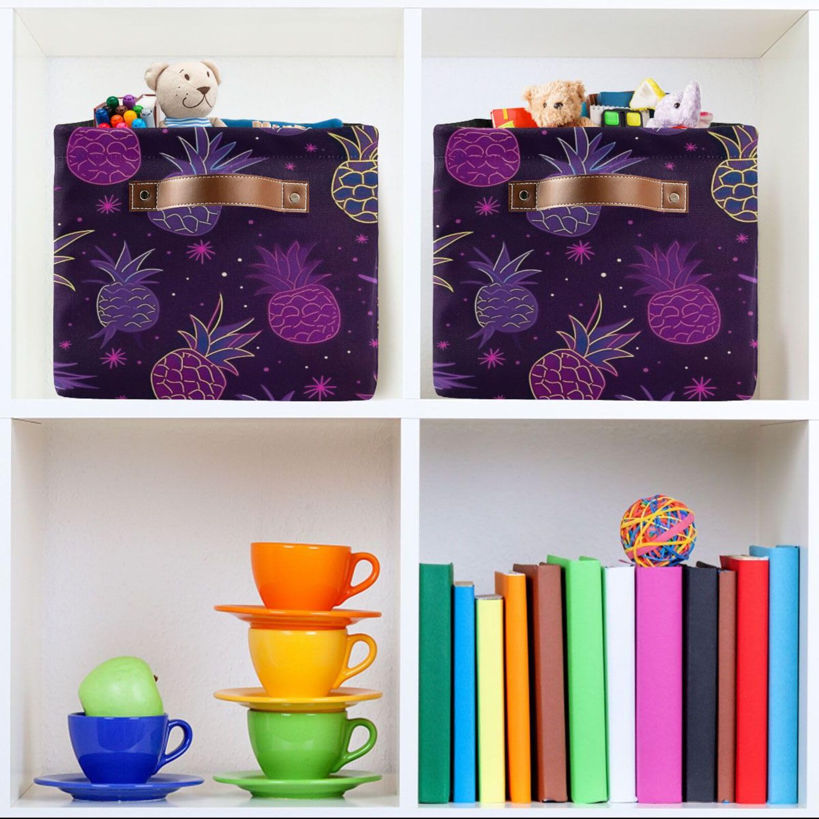Foldable Canvas Storage Baskets with Handles - 2 Pack Rectangle Pineapple Design Fabric Organizer for Clothes, Home & Office Organization - Perfect for Closet Shelves, Bedroom Decor and Seasonal Storage