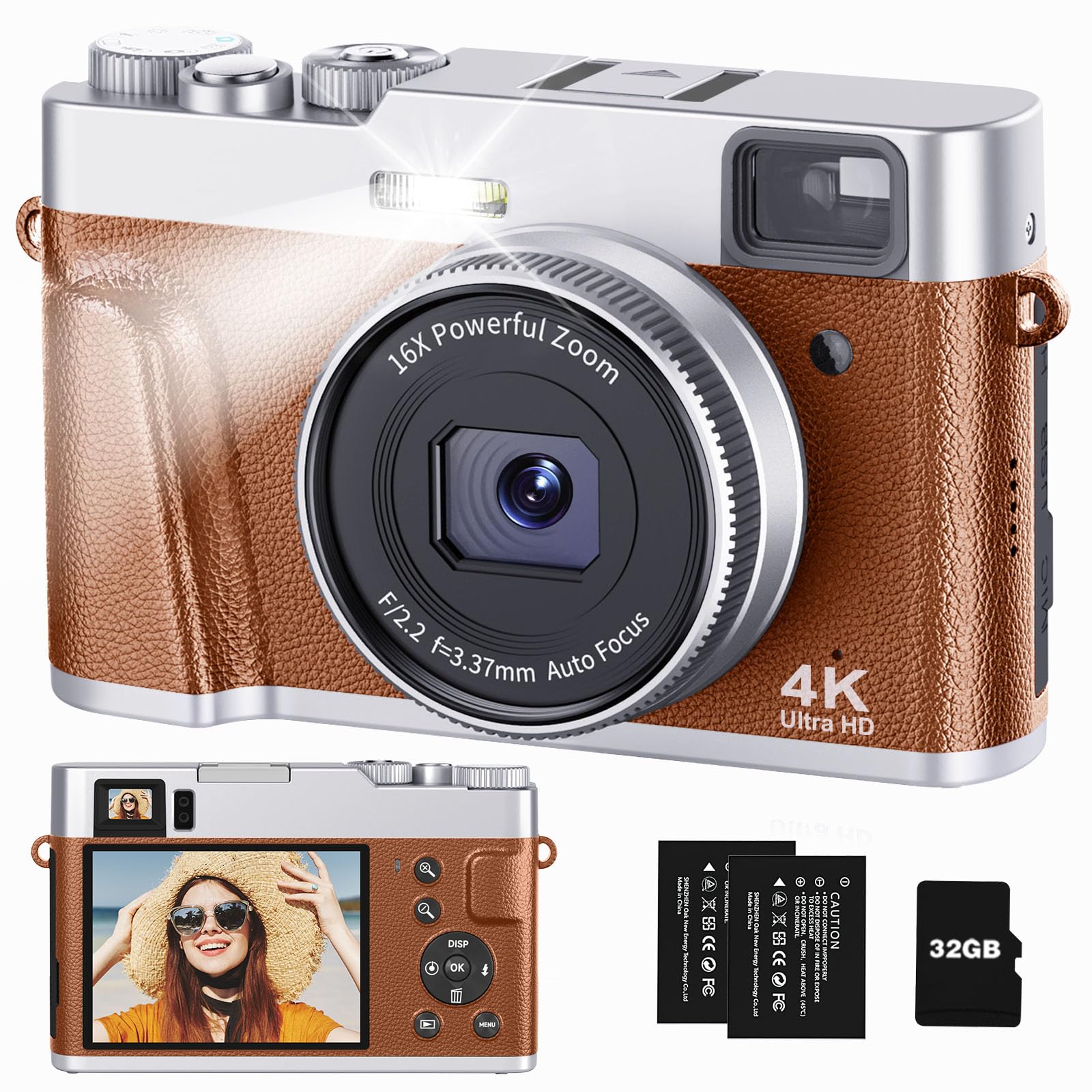 4K Vlogging Camera with Autofocus & Viewfinder - 48MP Digital Camera for Photography, 16X Zoom, Anti-Shake & Flash - Portable Travel Camera for YouTube, TikTok & Outdoor Adventures