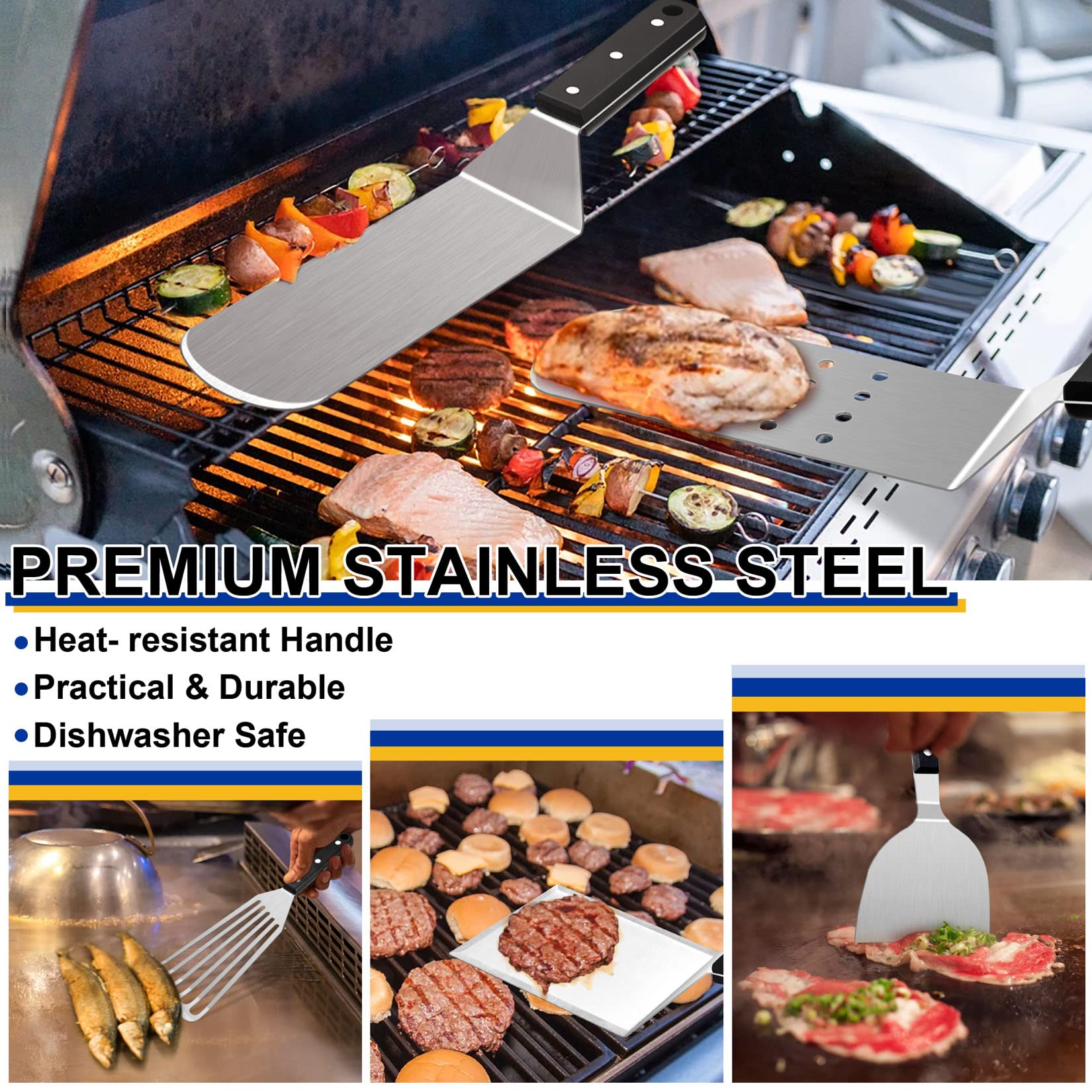 23Pcs Stainless Steel Griddle Accessories Kit - Joyfair BBQ Grilling Tool Set with Flat Top Spatulas & Cast Iron Burger Press - Perfect for Outdoor Hibachi, Teppanyaki, Camping & Backyard Cooking (ABS Handles)