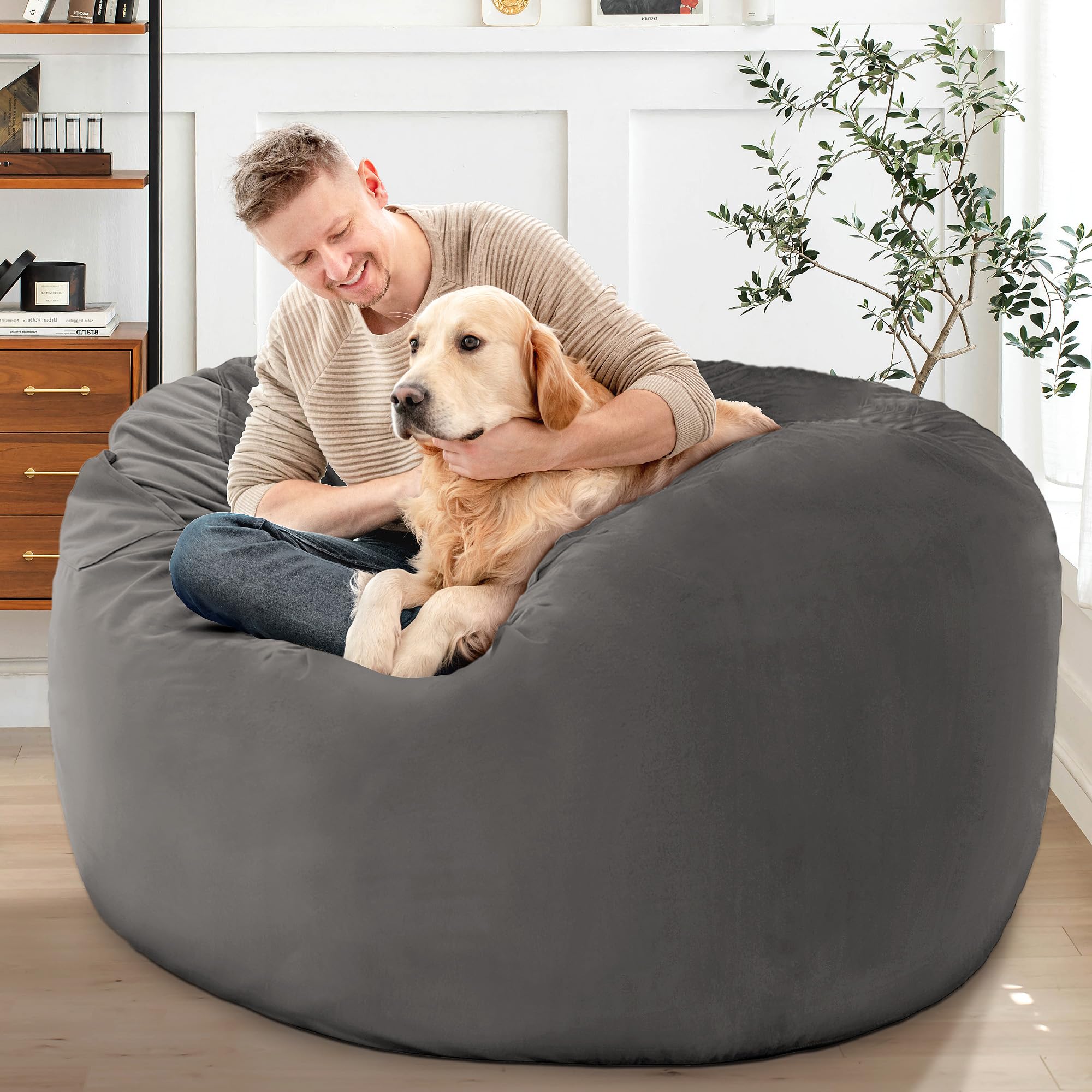 HABUTWAY 4' Giant Memory Foam Bean Bag Chair for Adults - Ultra Soft Microfiber Cover, 4 Feet Large Lounger (Grey) - Perfect for Living Room, Bedroom, Game Room & Dorm Relaxation