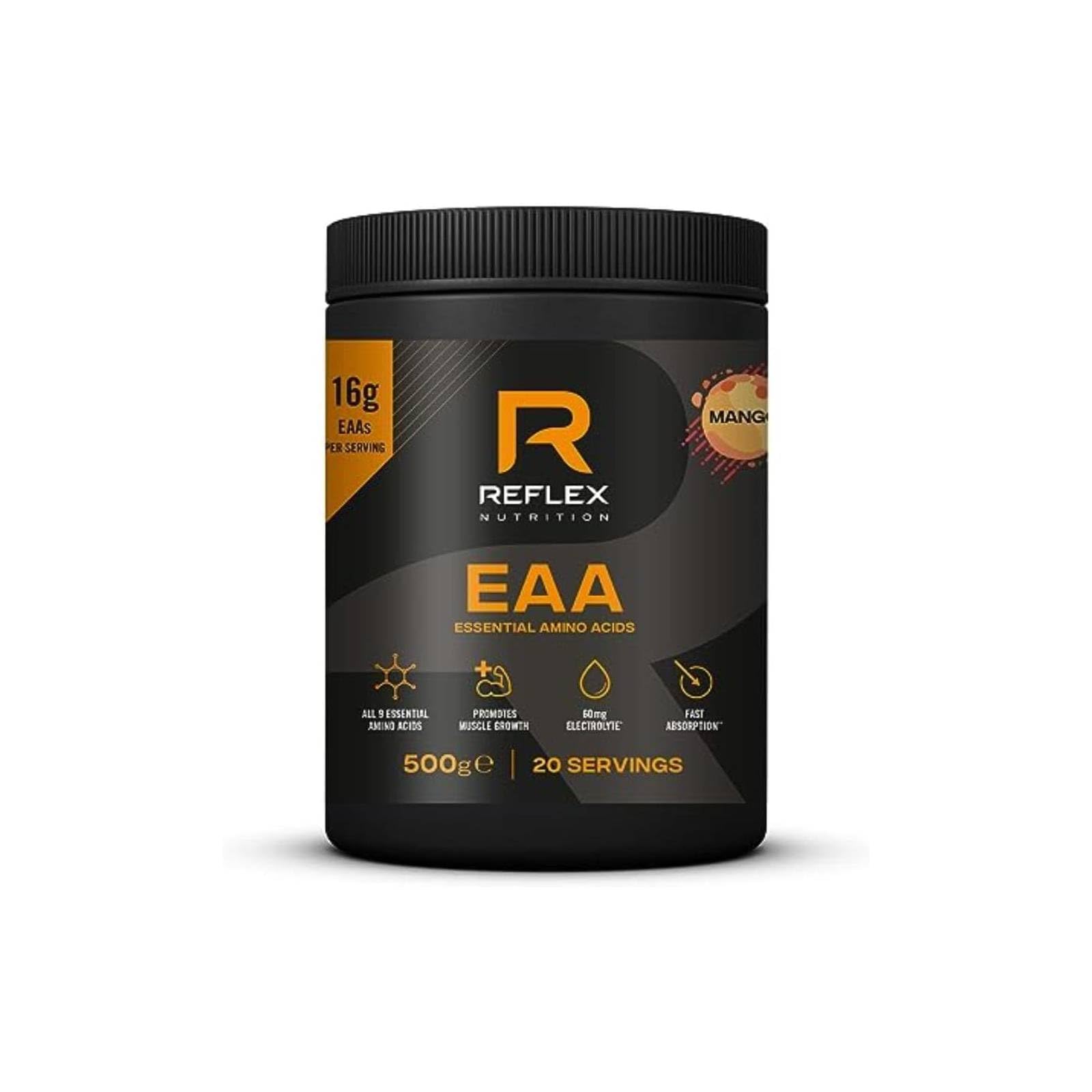 Reflex Nutrition EAA - Complete Essential Amino Acids Powder with BCAAs, Vitamin B6 & Electrolytes - 16g EAAs per Serving for Muscle Growth, Recovery & Endurance - Mango Flavor (500g, 20 Servings) - Perfect for Post-Workout, Gym Training & Athletic Performance