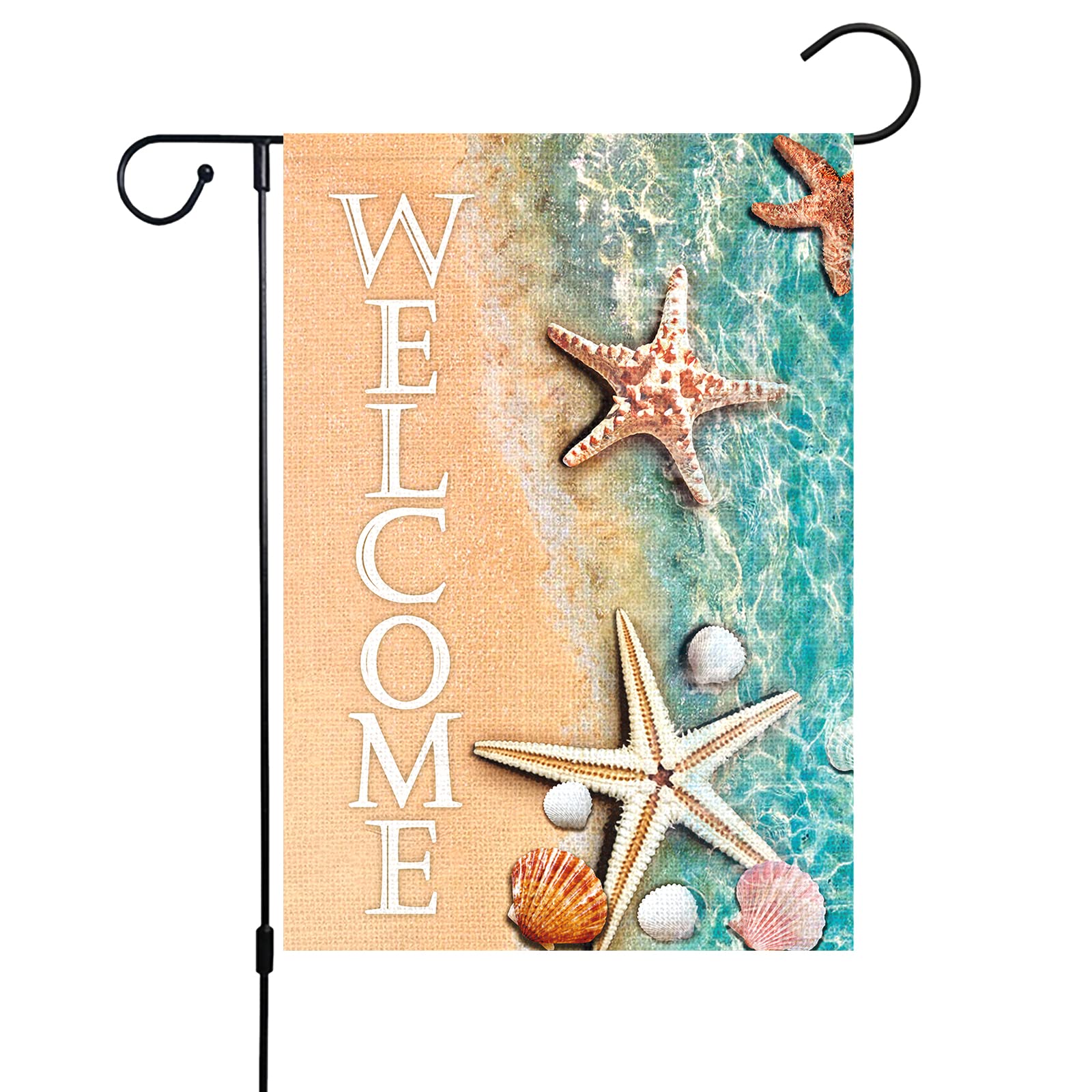Louise Maelys Double Sided 12x18 Inch Vertical Garden Flag - Welcome Spring Summer Beach Theme with Starfish & Seashell Design, Burlap Outdoor Yard Decoration for Seasonal Patio, Porch and House Decor