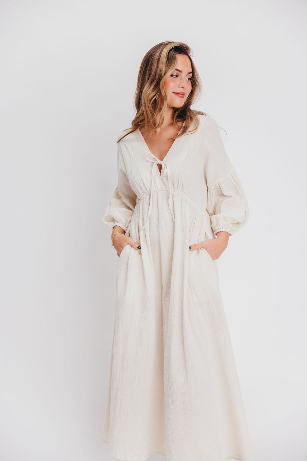 Hunter 100% Cotton Gauze Midi Dress in Soy - Bump Friendly Maternity Dress for Pregnancy, Nursing & Postpartum - Perfect for Summer, Beach & Casual Wear