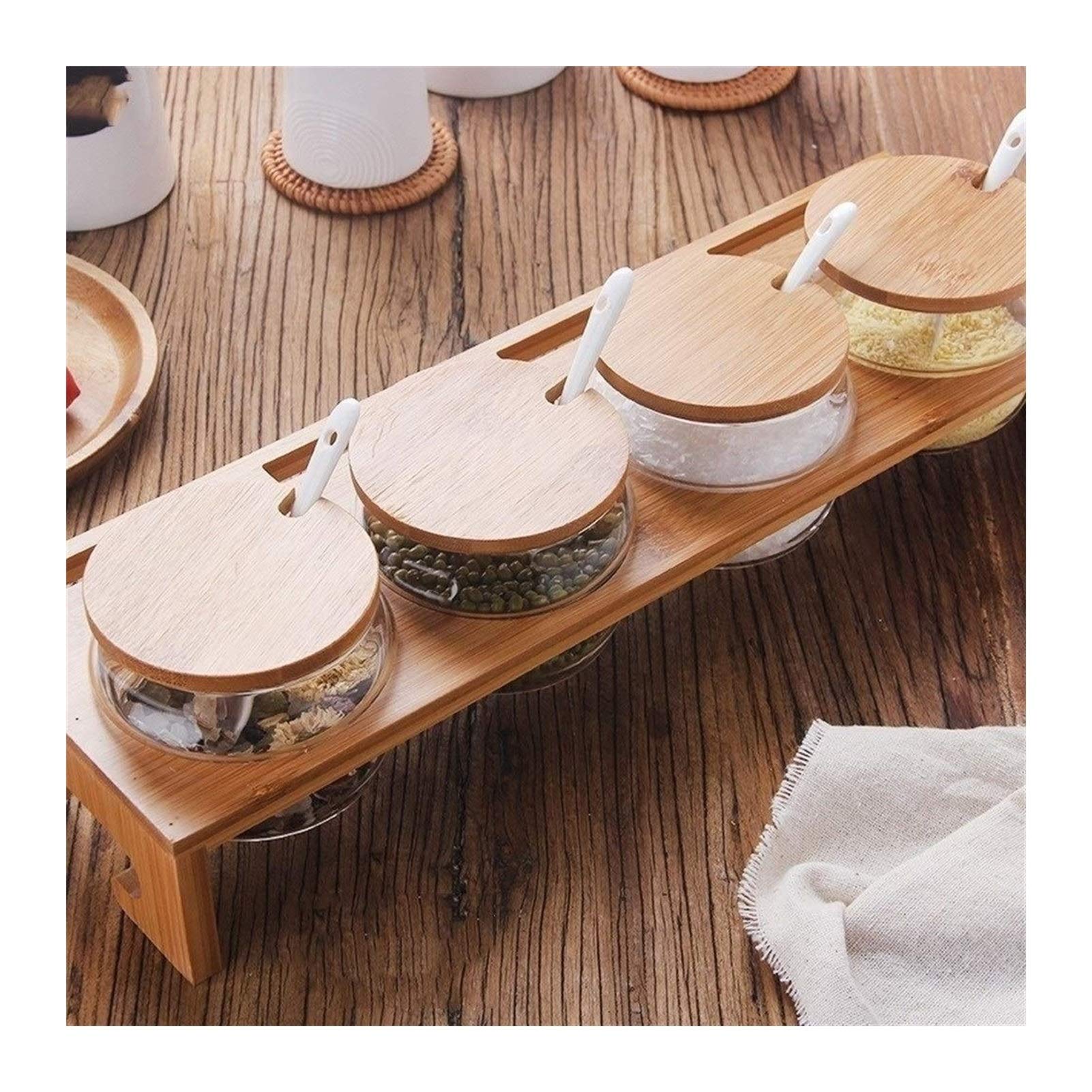 4-Piece Glass Condiment Jar Set with Spoons & Bamboo Lids - Airtight Spice Containers for Sugar, Salt, Coffee & Seasonings - Perfect for Kitchen Counter, Pantry & Dining Table Organization