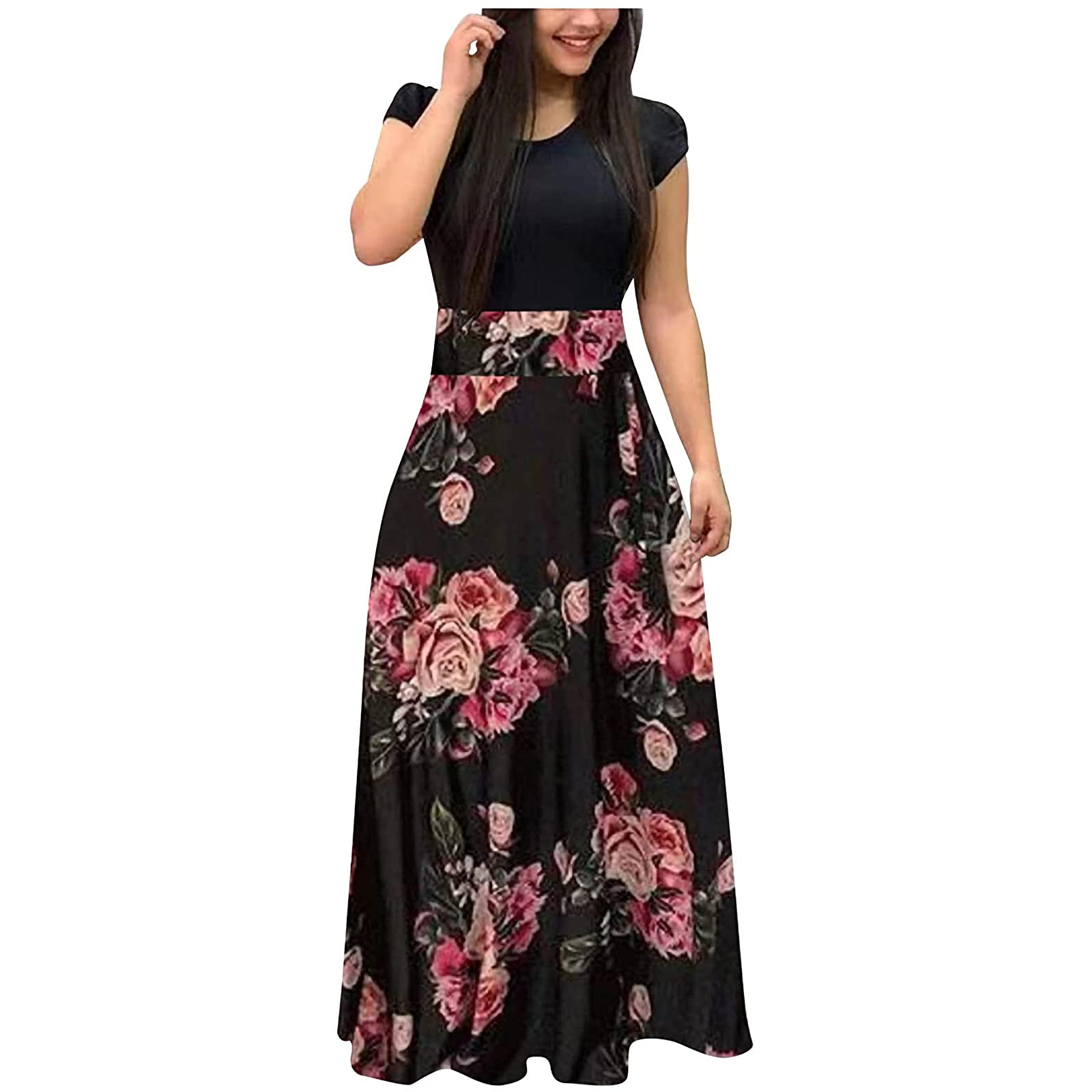 Women's Boho Floral Summer Maxi Dress - Short Sleeve Loose Casual Sundress for Beach Party, Vacation & Outdoor Date Night