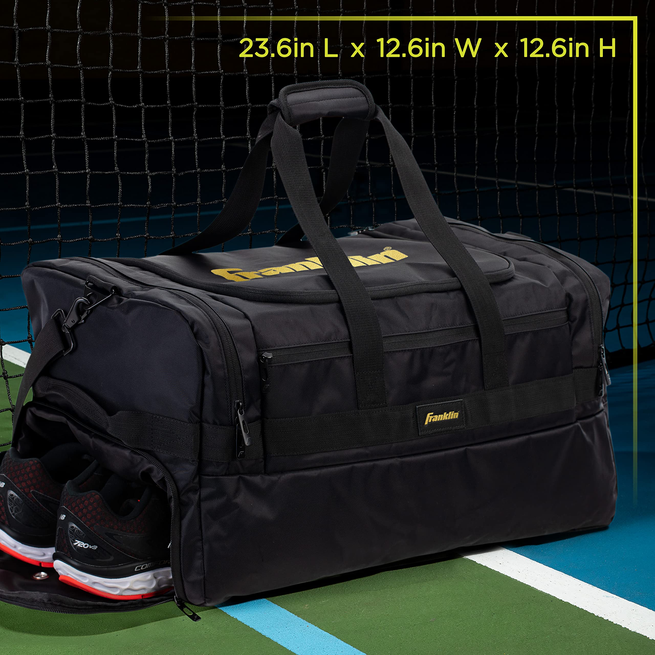 Franklin Sports Elite Series Pickleball Duffle Bag - Large Capacity Tennis Bag for Paddles, Balls & Gear - Water-Resistant Travel Duffel for Men & Women (Black) - Perfect for Court, Gym & Outdoor Sports