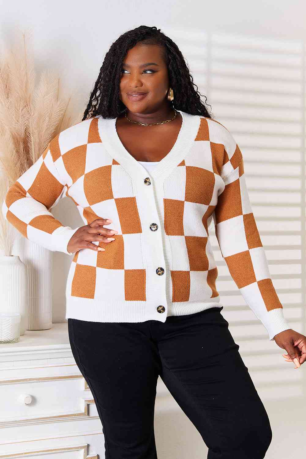 Camel Button Up V-Neck Dropped Shoulder Cardigan Sweater for Women | Cozy Fall & Winter Layering Piece | Perfect for Office, Date Night & Casual Outfits