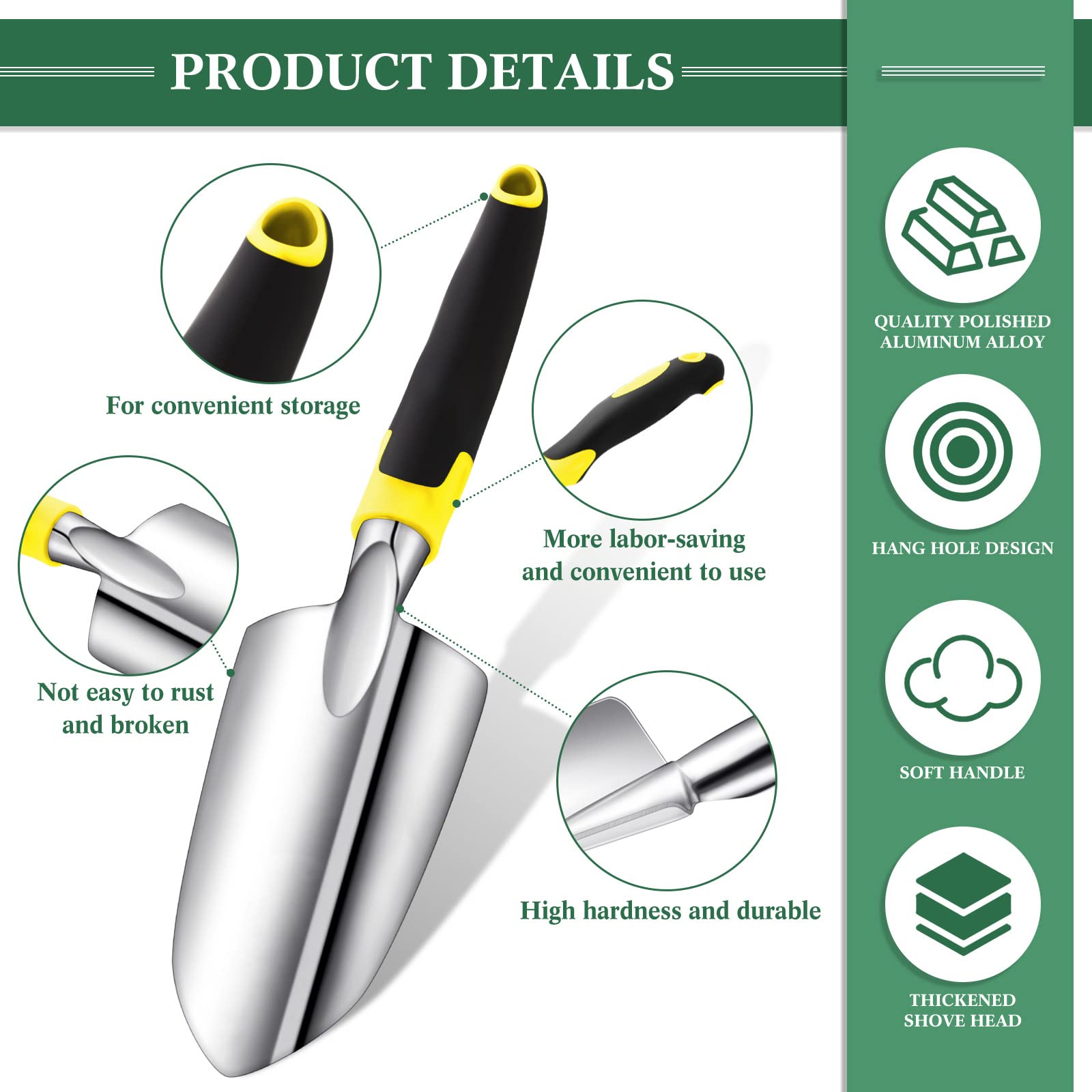 Honoson Aluminum Alloy Garden Hand Trowel with Measurements & Rubber Handle - Small Gardening Shovel for Planting, Transplanting, Cultivating - Perfect for Home Gardens, Flower Beds & Container Plants