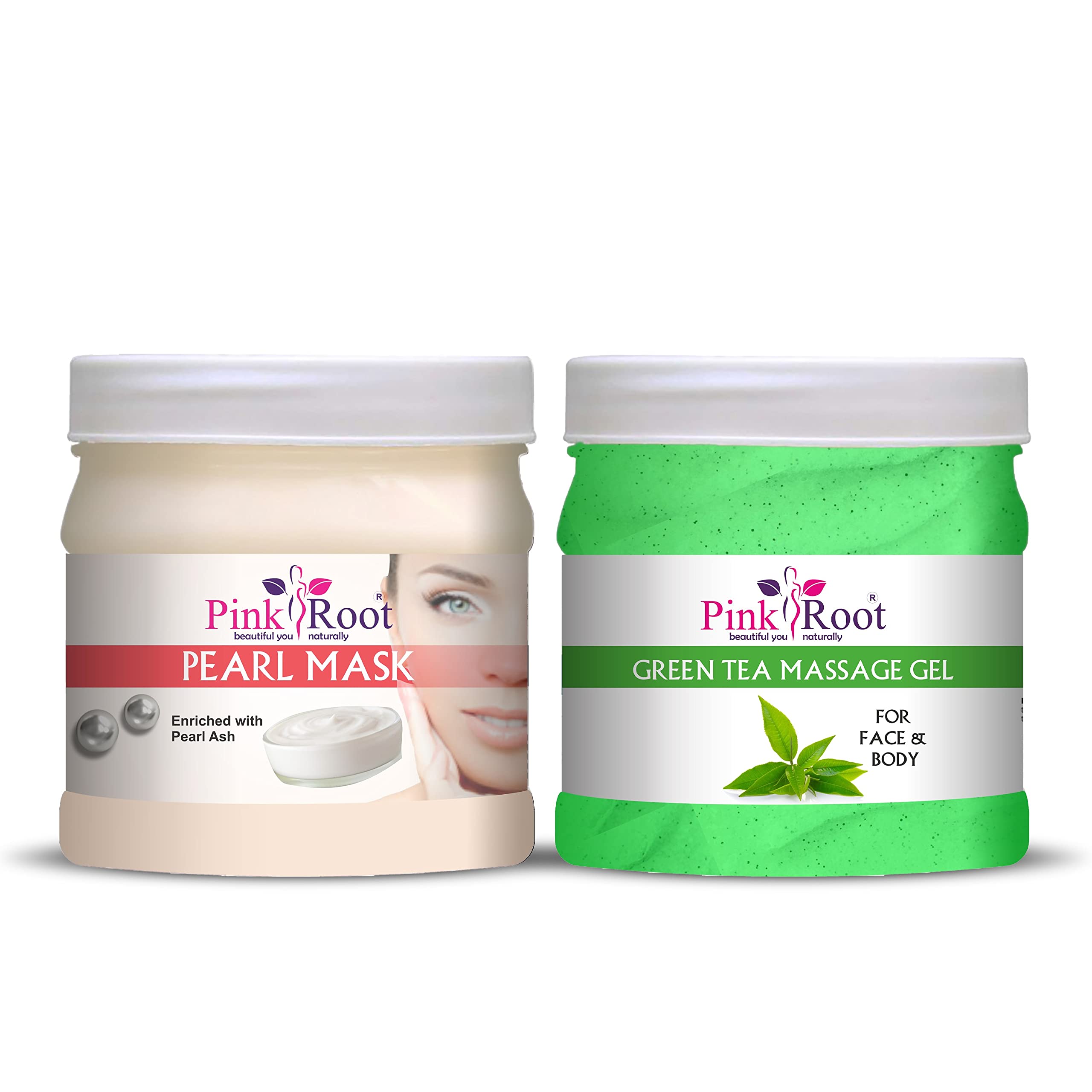 Organic Pink Root Green Tea Massage Gel & Pearl Mask Set - 500ml Each | Hydrating, Anti-Aging Skincare Duo for Face & Body | Perfect for Spa Day, Self-Care Routine & Gift Giving