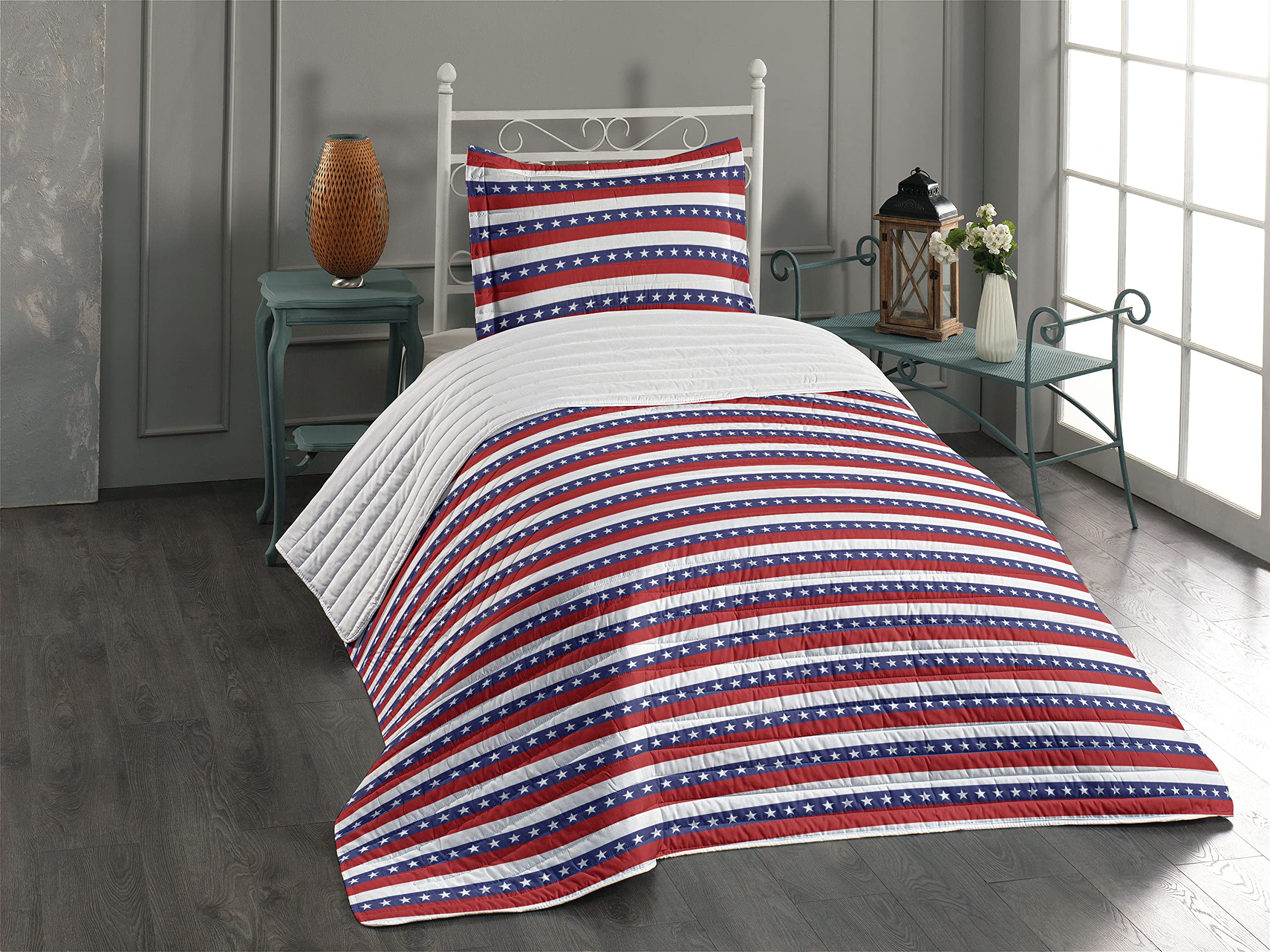 Ambesonne 4th of July Patriotic Bedding Set - Stars & Stripes American Flag Design Microfiber Comforter with Pillow Sham, Twin Size in Violet Blue Ruby White - Perfect for Independence Day Decor & Cozy Bedroom Makeover
