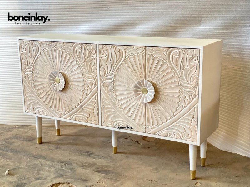 Hand Carved White Two Door Custom Media Console TV Stand - Perfect for Living Room, Bedroom & Home Theater Storage