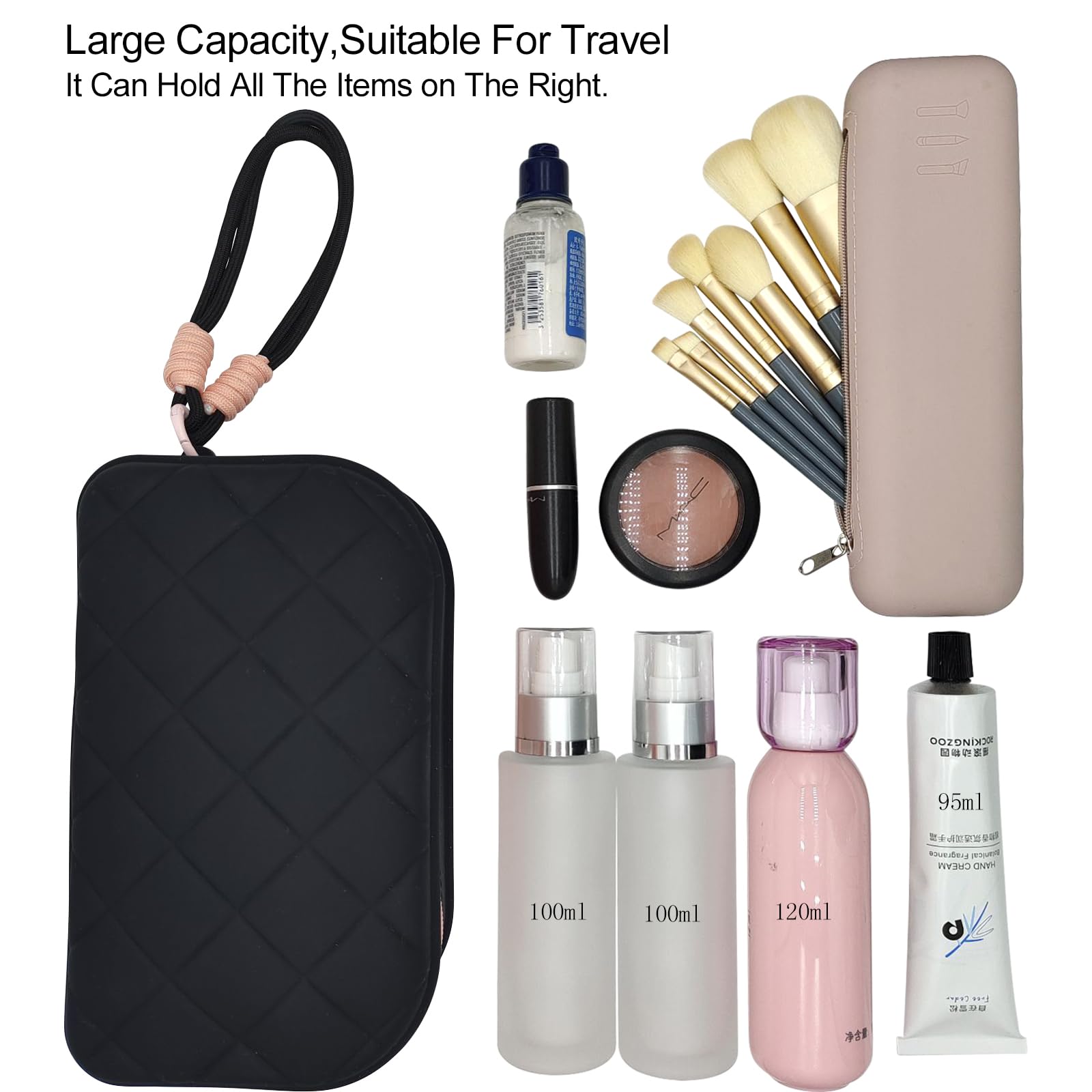 Waterproof Silicone Travel Makeup Bag for Women - Large Capacity Cosmetic Organizer with Lanyard, Portable Toiletry Pouch (Black) | Perfect for Gym, Beach, Business Trips & Daily Essentials Storage