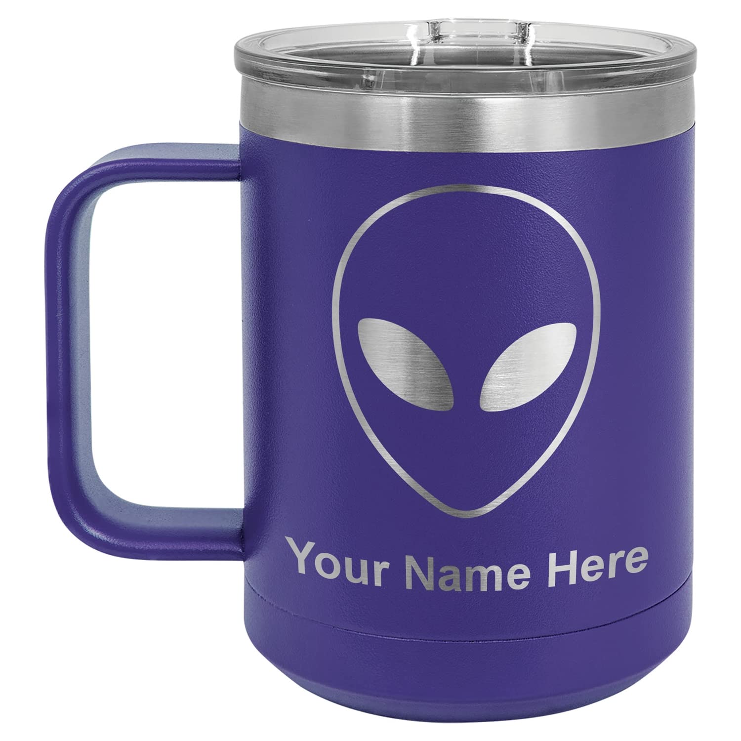 LaserGram 15oz Vacuum Insulated Stainless Steel Coffee Mug with Alien Head Design - Personalized Engraving Included (Dark Purple) - Perfect for Hot/Cold Drinks, Office, Travel & Outdoor Adventures