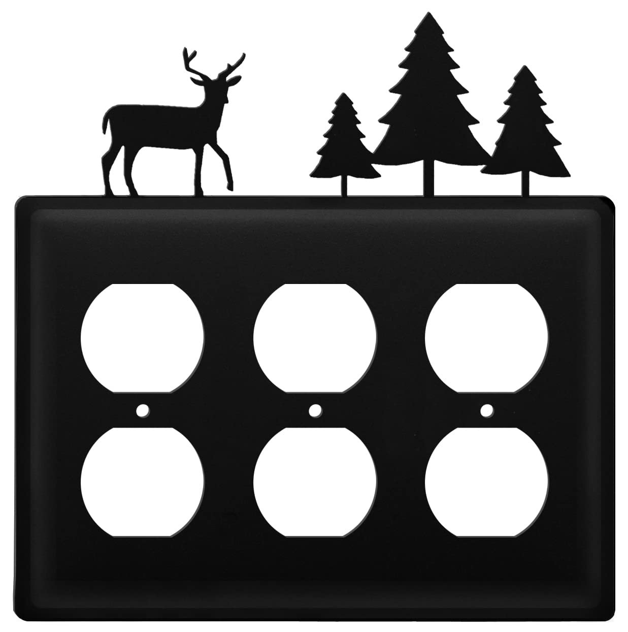 Rustic Wrought Iron Deer & Pine Trees Triple Outlet Cover - Decorative Wall Plate for Cabin, Lodge, or Country Home Decor