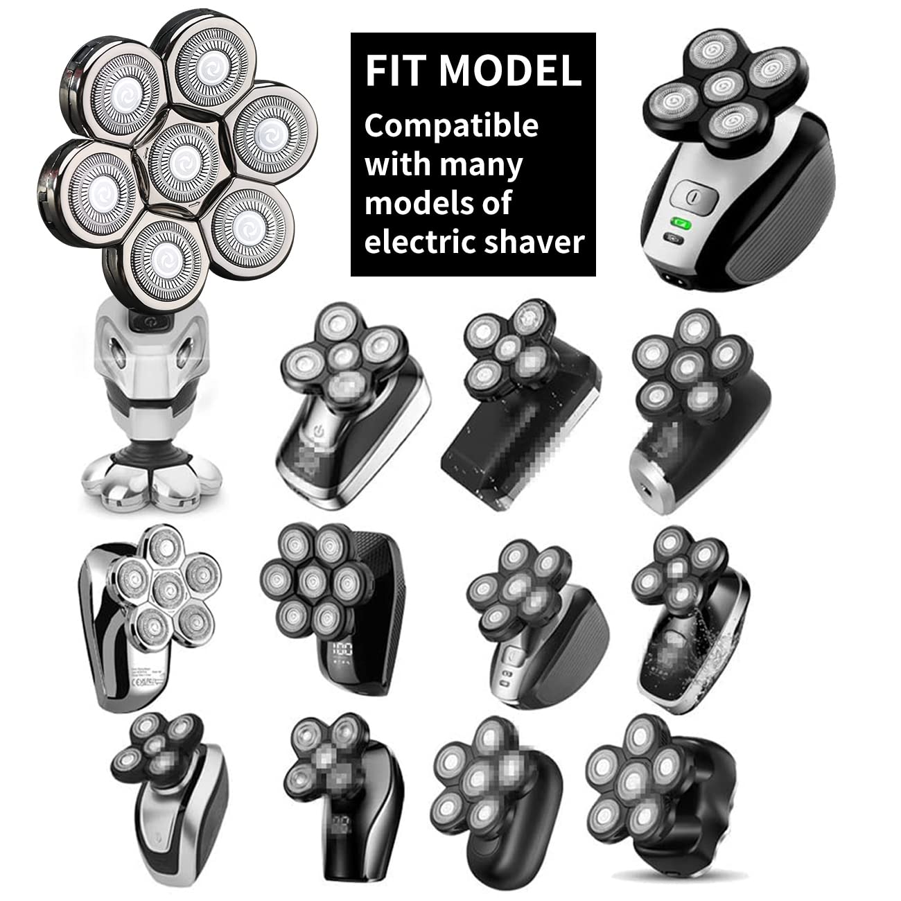 7 Blades Replacement Heads for Electric Shavers - Universal Men's Shaver Replacement Blades (7D Silver) - Perfect for Smooth Head Shaving & Facial Hair Trimming at Home or Travel