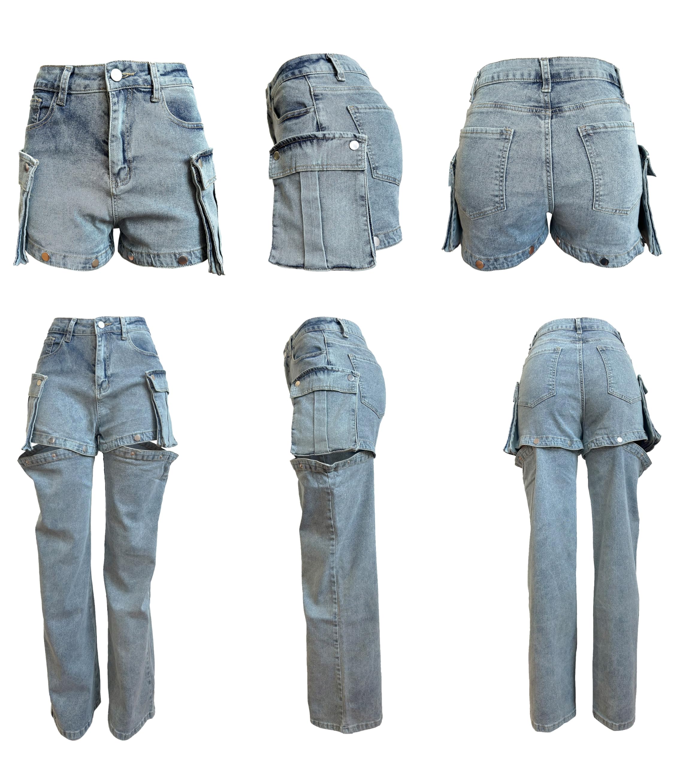 Women's Y2K High Waisted Cargo Jeans - Baggy Cutout Detachable Jean Shorts for Summer | Streetwear Fashion | Perfect for Casual Outings, Music Festivals & Urban Style