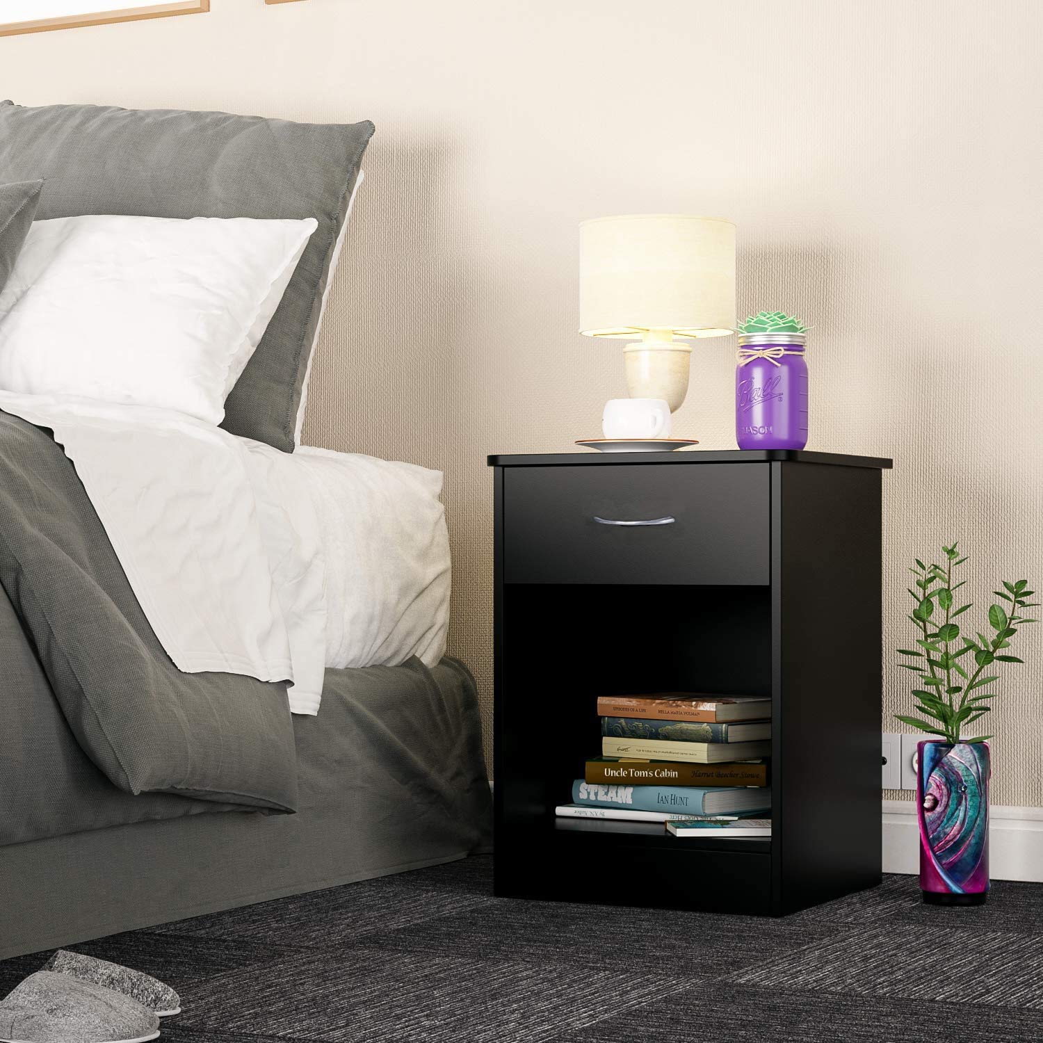 1-Drawer Nightstand with Open Shelf - Black Bedside Table for Bedroom, Dorm, Living Room | Compact Storage End Table with Drawer for Books, Lamps & Bedroom Essentials