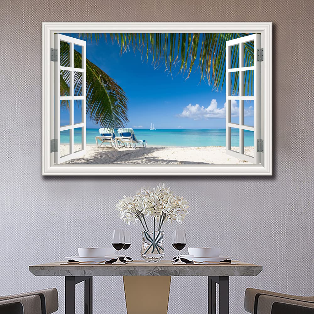 Tropical Beach Wall Art - Window Frame Style Canvas Print with Palm Tree & Blue Ocean - Coastal Decor for Living Room, Bedroom, Home - Perfect for Beach House, Vacation Rental & Coastal Theme Interior Design