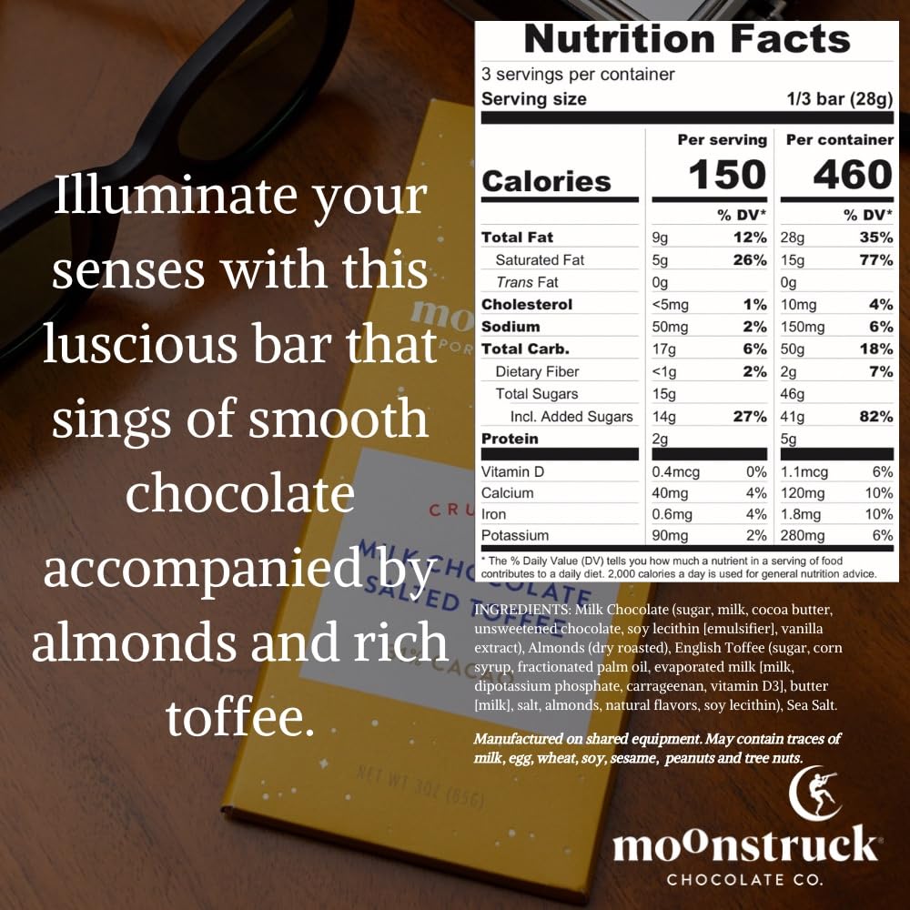 Moonstruck Chocolate Salted Toffee Milk Chocolate Bar - 31% Cacao, 3.0oz (Pack of 12) | Gourmet Chocolate Gift for Holidays, Parties & Dessert Lovers
