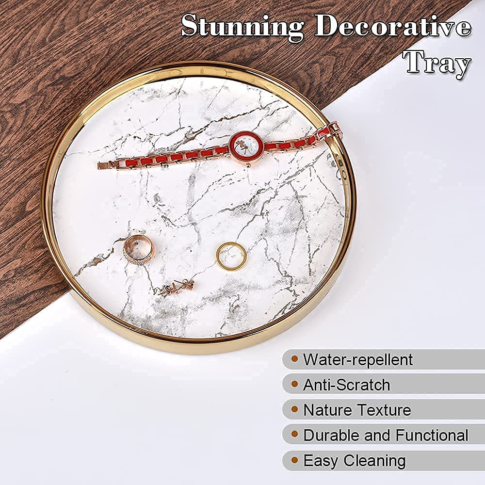 Luxury Round Marble Decorative Tray - Multi-Purpose Vanity Organizer for Jewelry, Perfume & Home Decor | Elegant Coffee Table Accent Tray for Bathroom, Bedroom & Living Room Storage