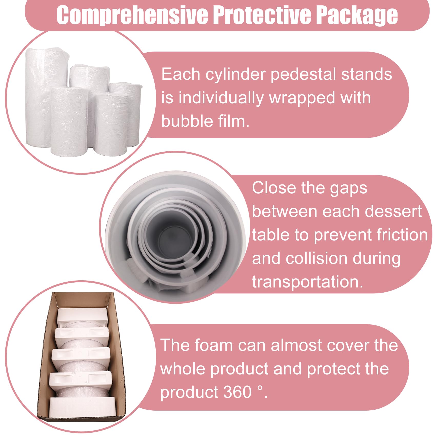 Premium Metal Cylinder Pedestal Stands - Set of 5 Reusable Round Display Pillars for Dessert Tables, Birthday, Wedding & Baby Shower Decorations (White) | Perfect for Cake Displays, Centerpieces & Party Decor