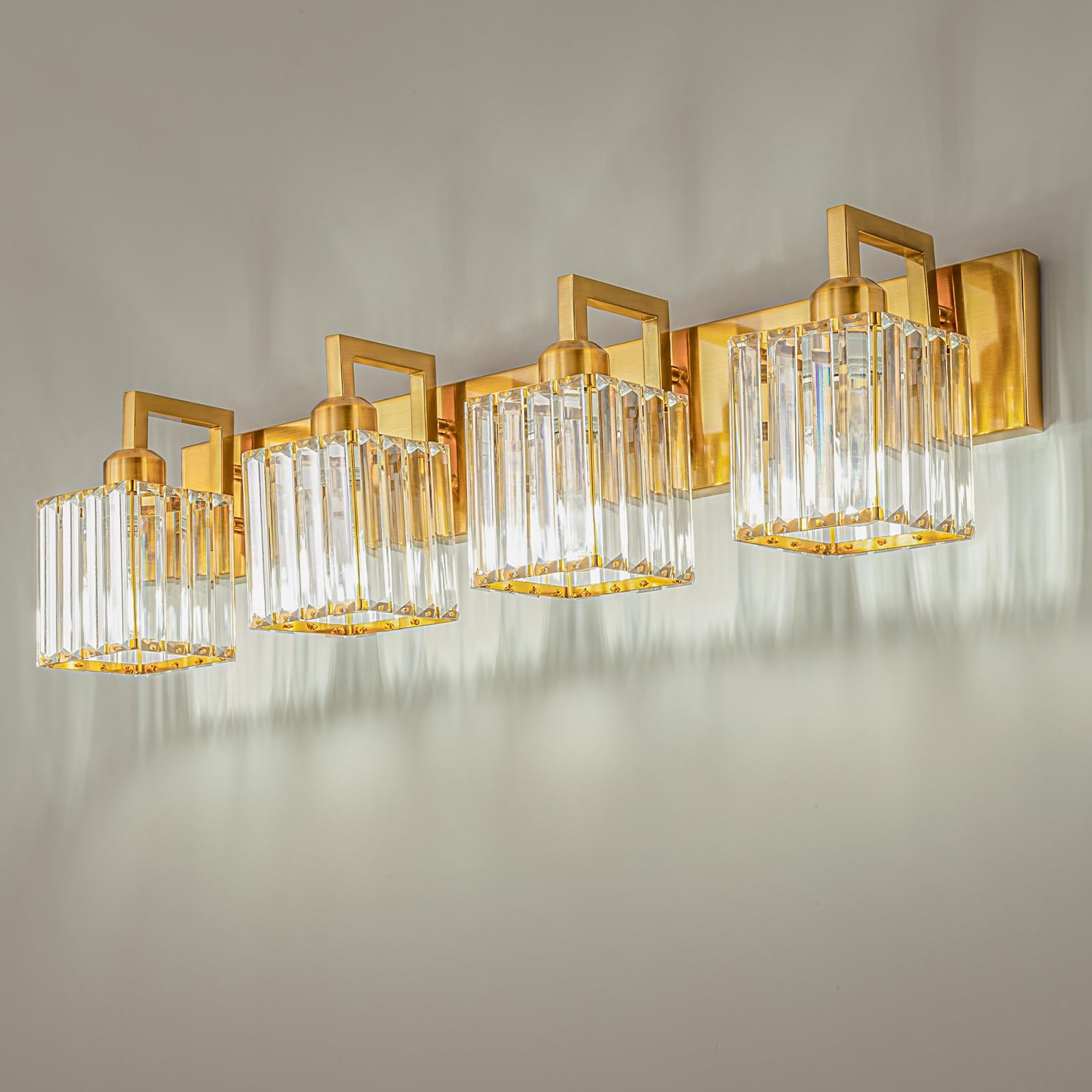 Modern Crystal Bathroom Vanity Light - 4-Lights Gold Brushed Brass Finish Wall Sconce for Bathroom Mirror Lighting & Bedroom Decor
