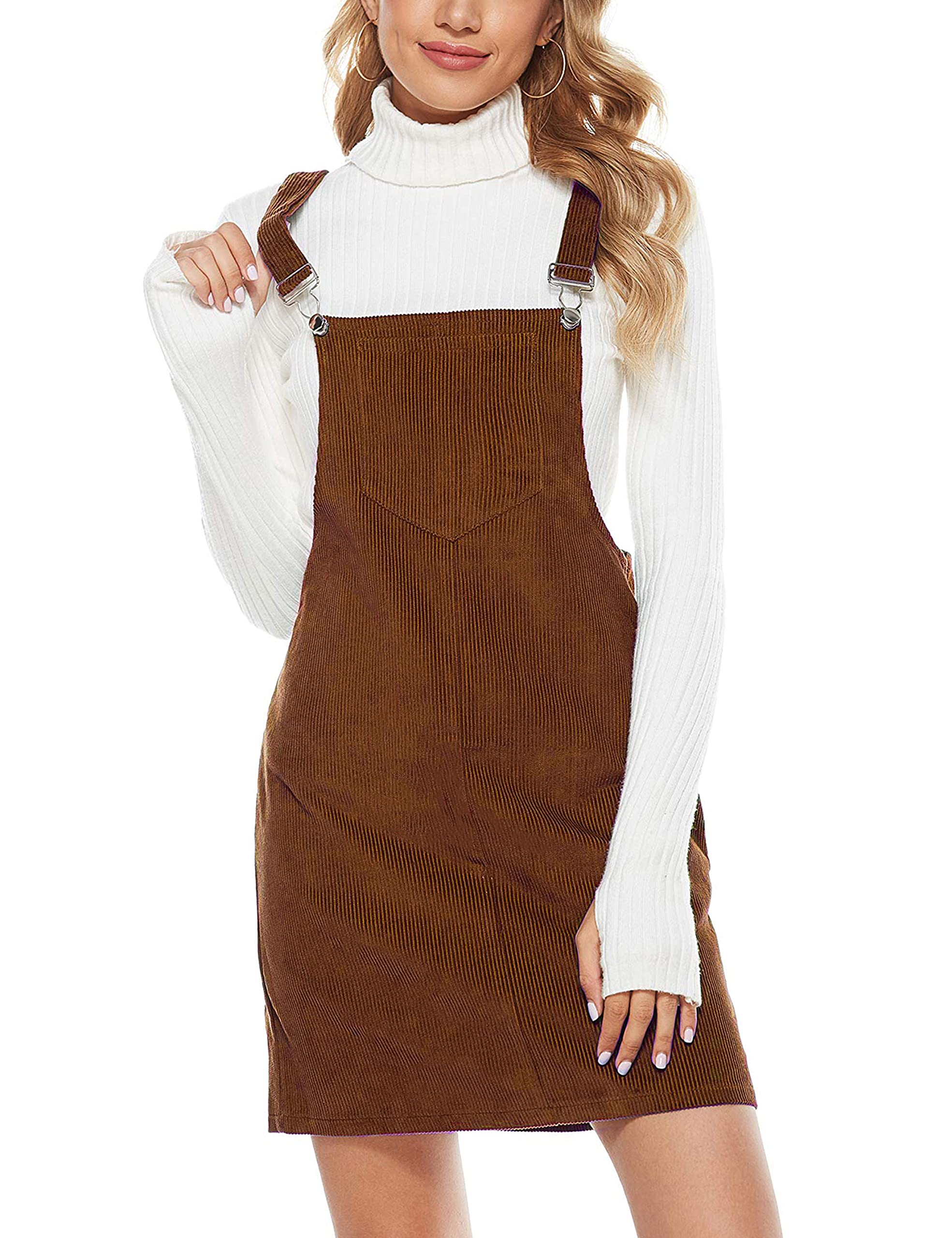 Hooever Women's Cute Corduroy Overall Bib Dress - Vintage Pinafore Suspender Jumper Skirt for Casual Outfits & Fall Fashion