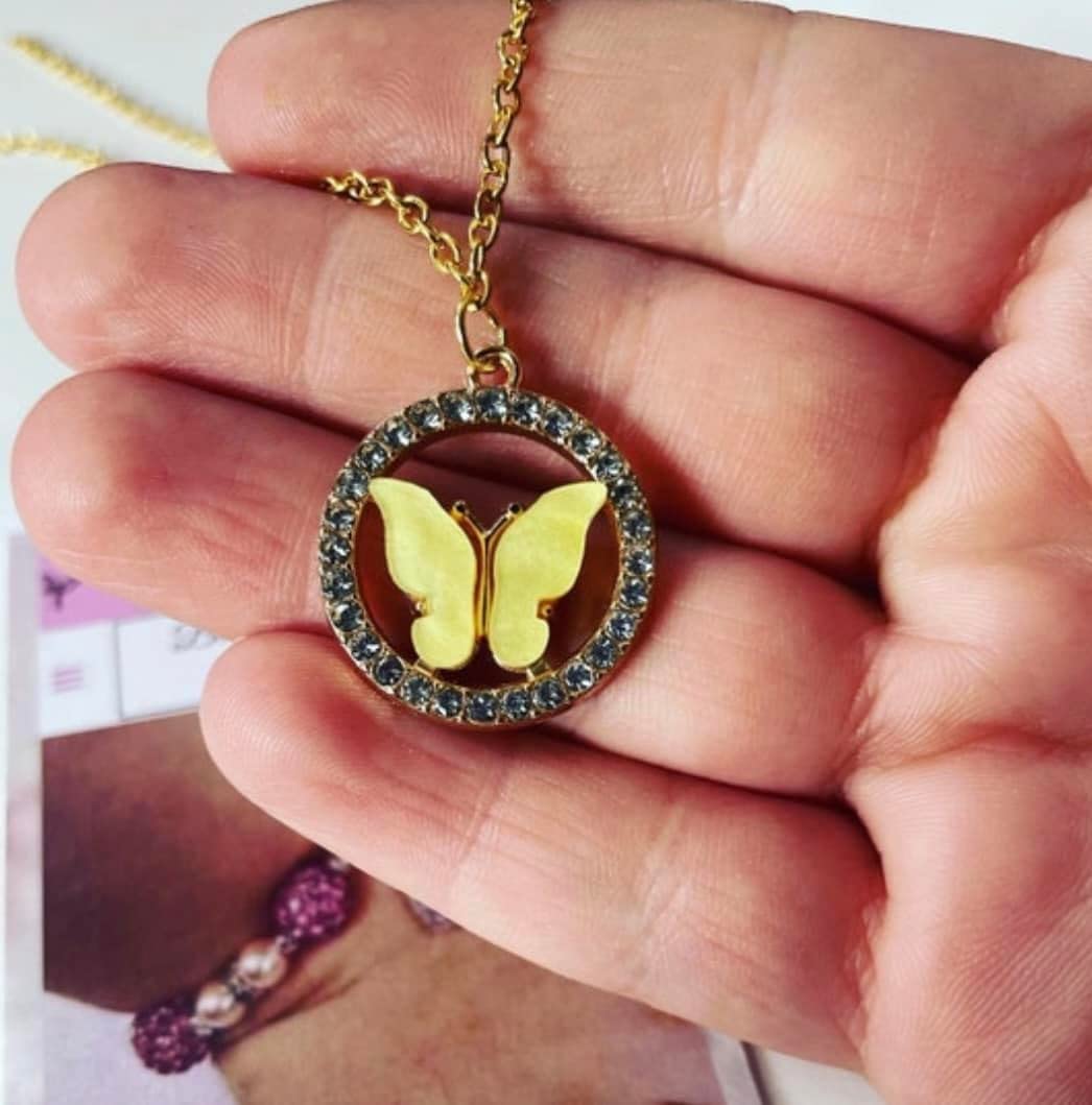 Yellow Butterfly Pendant Necklace - 16 Inch Gold Tone Curb Chain with Rhinestone Butterfly Charm for Women, Gift for Her, Birthday, Anniversary, Valentine's Day