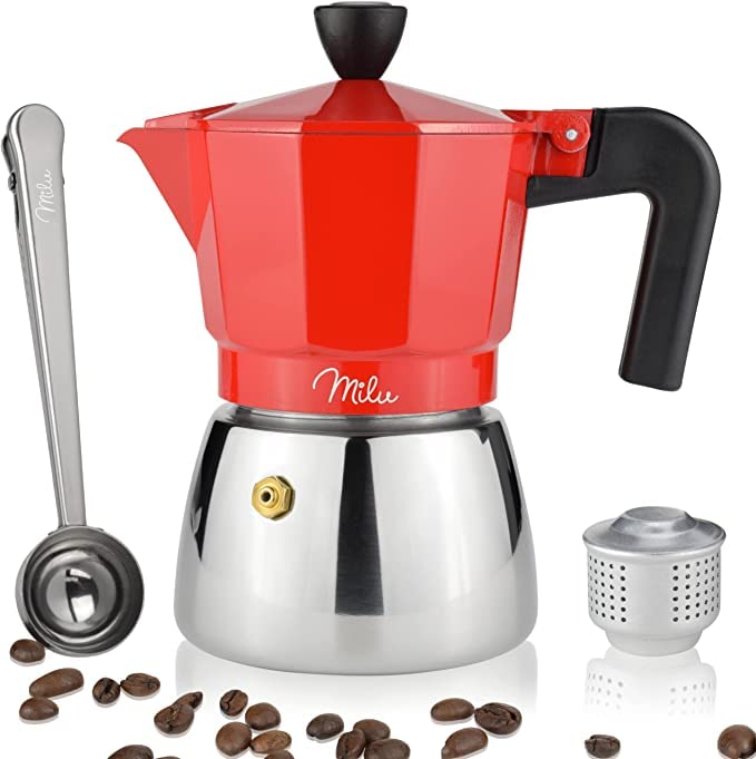 Milu Italian Stovetop Espresso Maker for Induction - 3, 6, 9 Cup Aluminum Moka Pot with Stand, Spoon & Brush (Red, 9 Cup 400ml) - Perfect for Home Coffee Brewing & Gifts