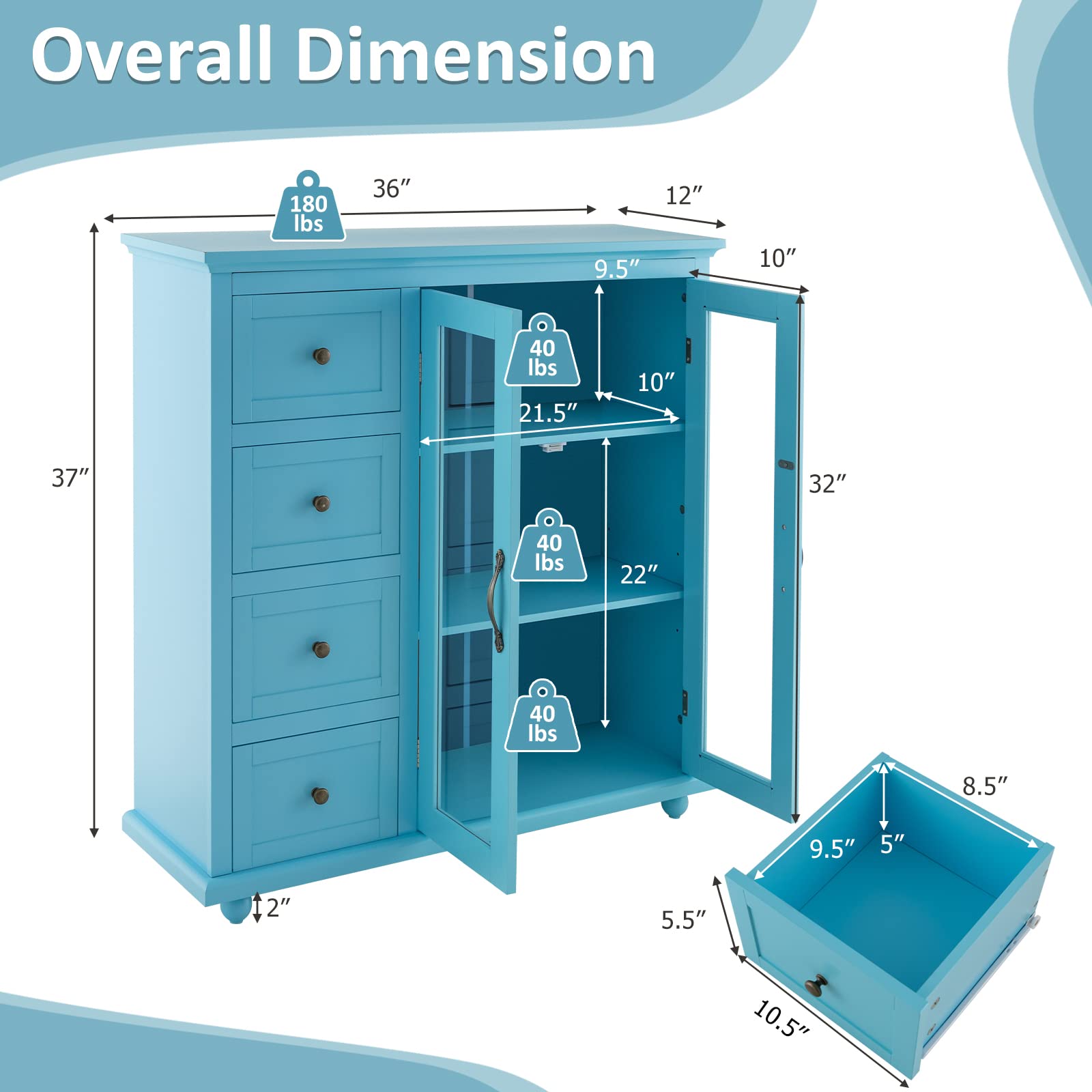 Modern Blue Sideboard Buffet Cabinet - Kitchen Storage, Coffee Bar Station & Dining Room Credenza - Perfect for Entryway, Living Room & Home Organization