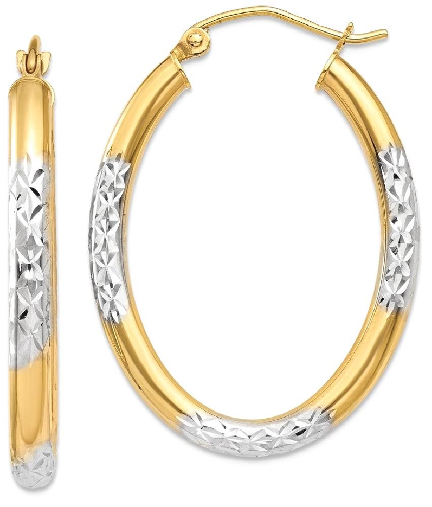 14K Solid Two-Tone Yellow & White Gold 3mm Oval Medium Hoop Earrings for Women - Elegant Everyday Jewelry, Perfect for Work, Date Night & Special Occasions
