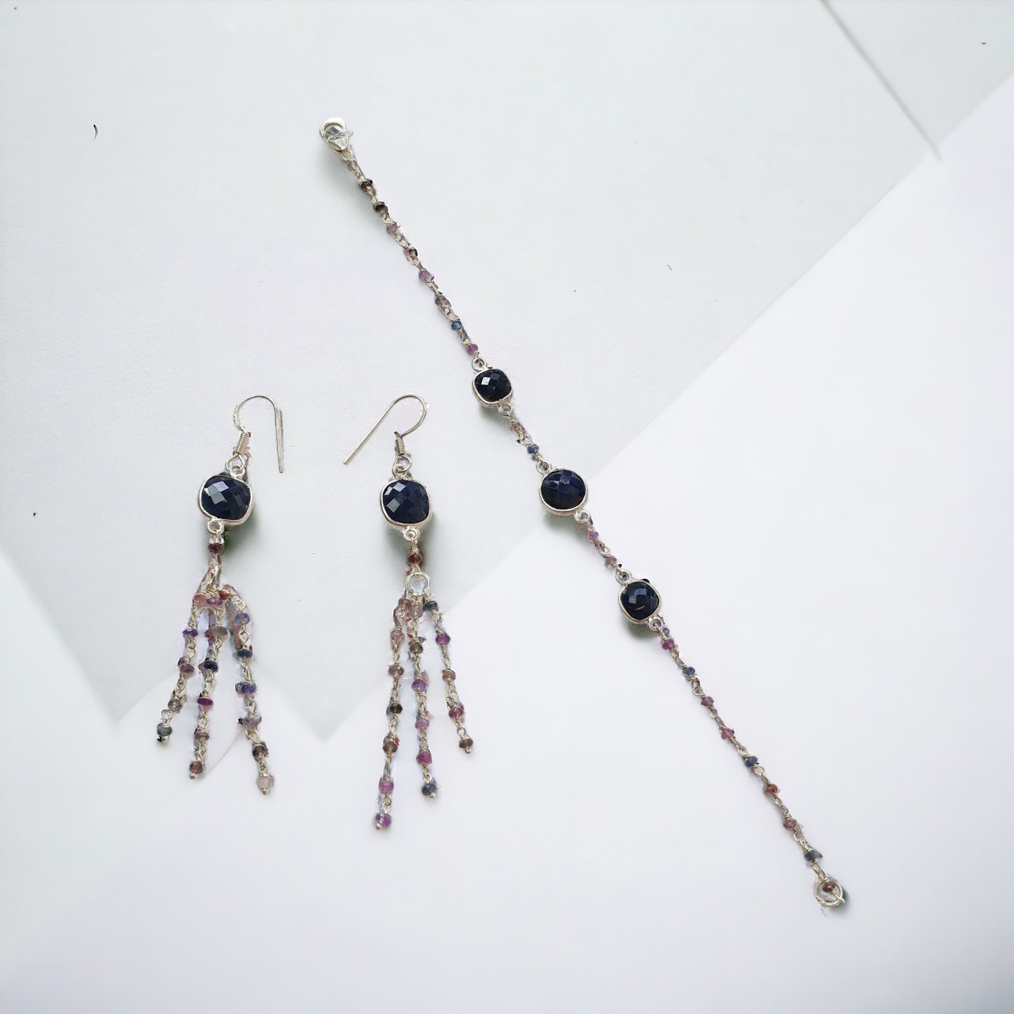 Blue & Multi Sapphire Gemstone 925 Sterling Silver Jewelry Set - 8.61g Natural Untreated Beaded Bracelet & Drop Dangle Earrings | Perfect for Weddings, Parties & Special Occasions