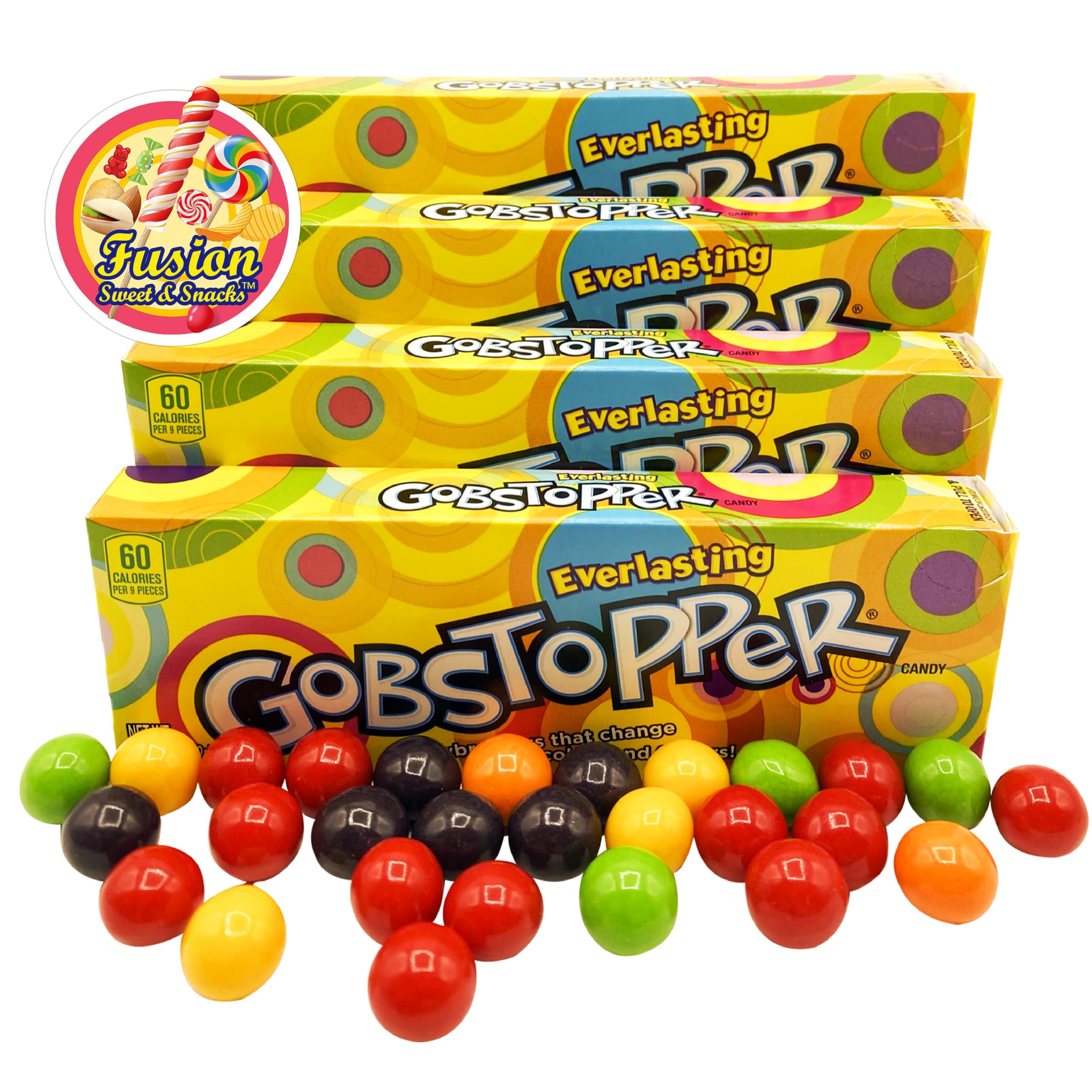 Fusion Sweets Everlasting Gobstoppers Jawbreakers Candy - 4 Pack (1.77 oz Each) with Free Sticker - Perfect for Movie Nights, Birthday Parties, Halloween Treats & Gift Baskets