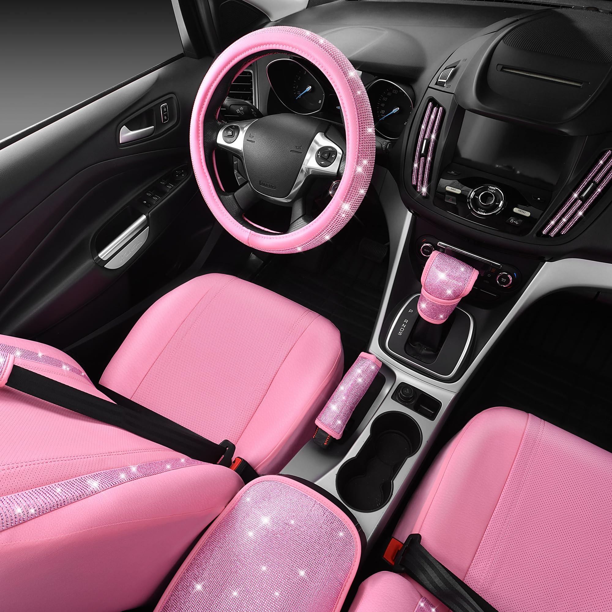 24PCS Pink Bling Diamond Car Accessories Set - Steering Wheel Covers & Seat Covers for Women, Perfect for Car Decor & Gifts